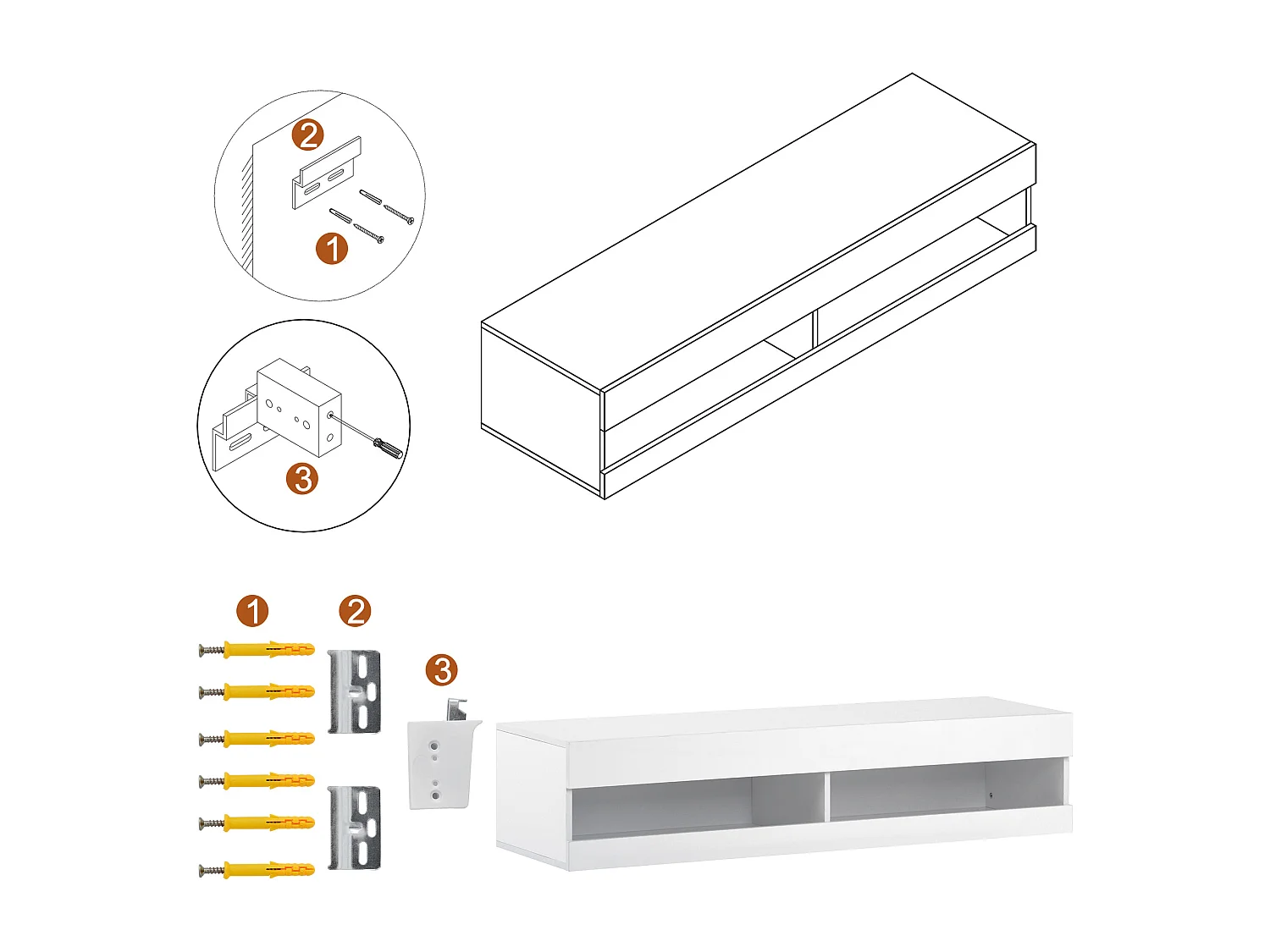 Meuble TV mural blanc avec rangement et LED - Finition brillante