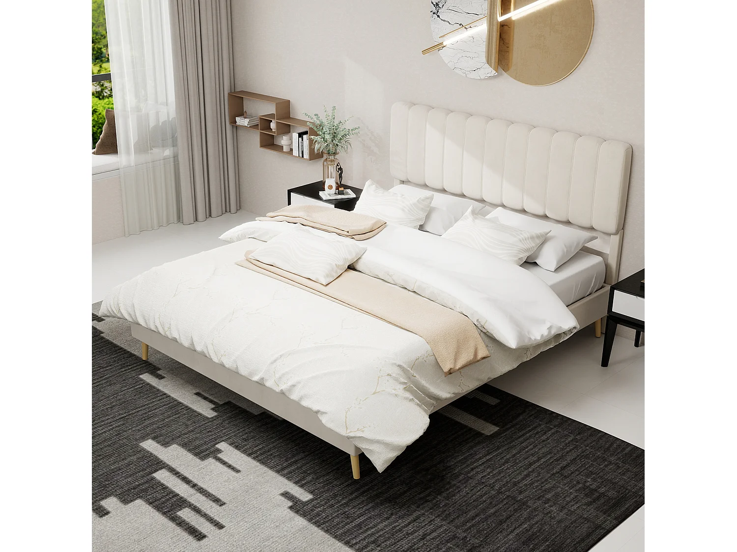Lit rembourré 160x200cm avec tête de lit - Lit adulte en velours - Beige