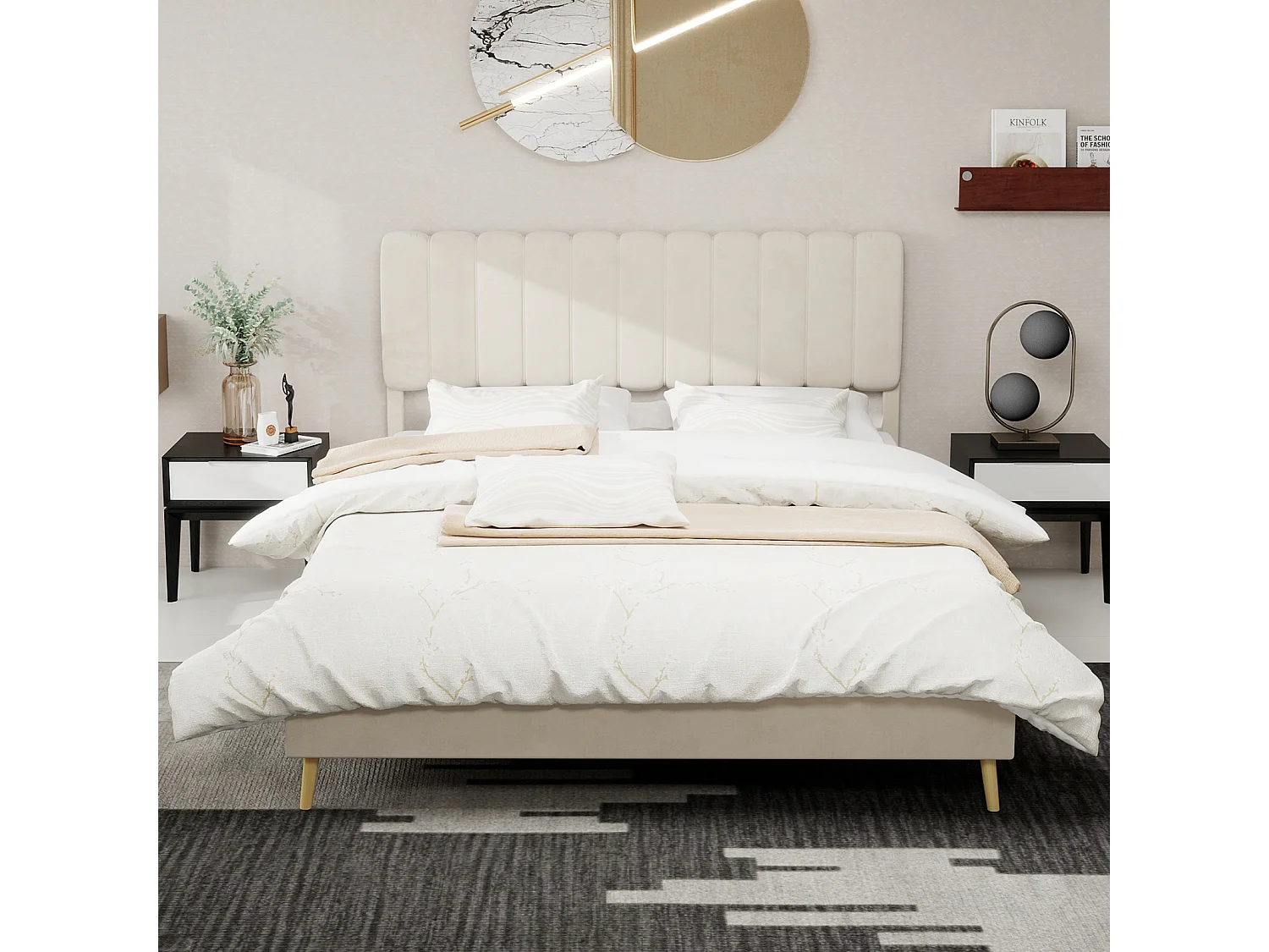 Lit rembourré 160x200cm avec tête de lit - Lit adulte en velours - Beige