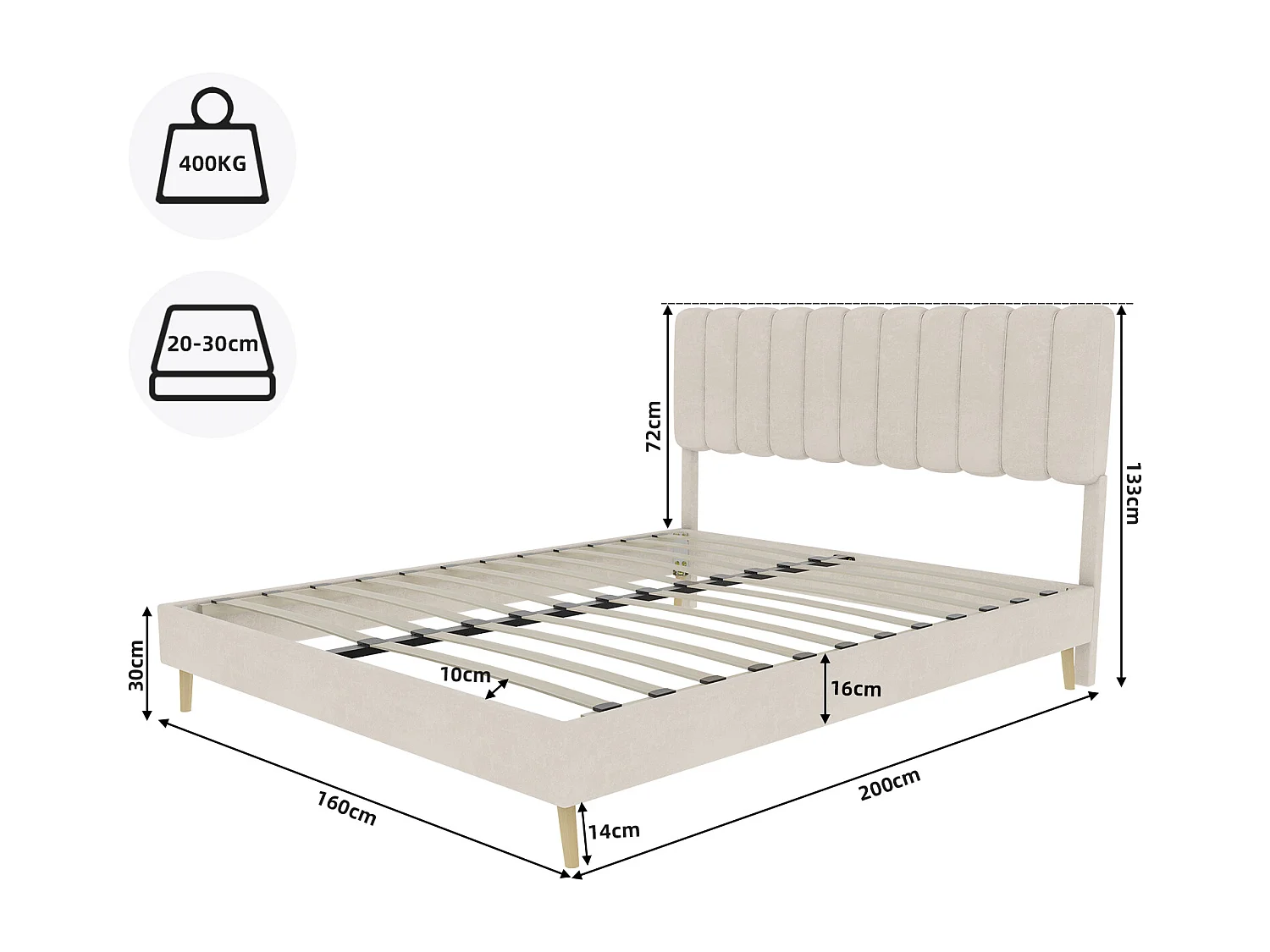 Lit rembourré 160x200cm avec tête de lit - Lit adulte en velours - Beige