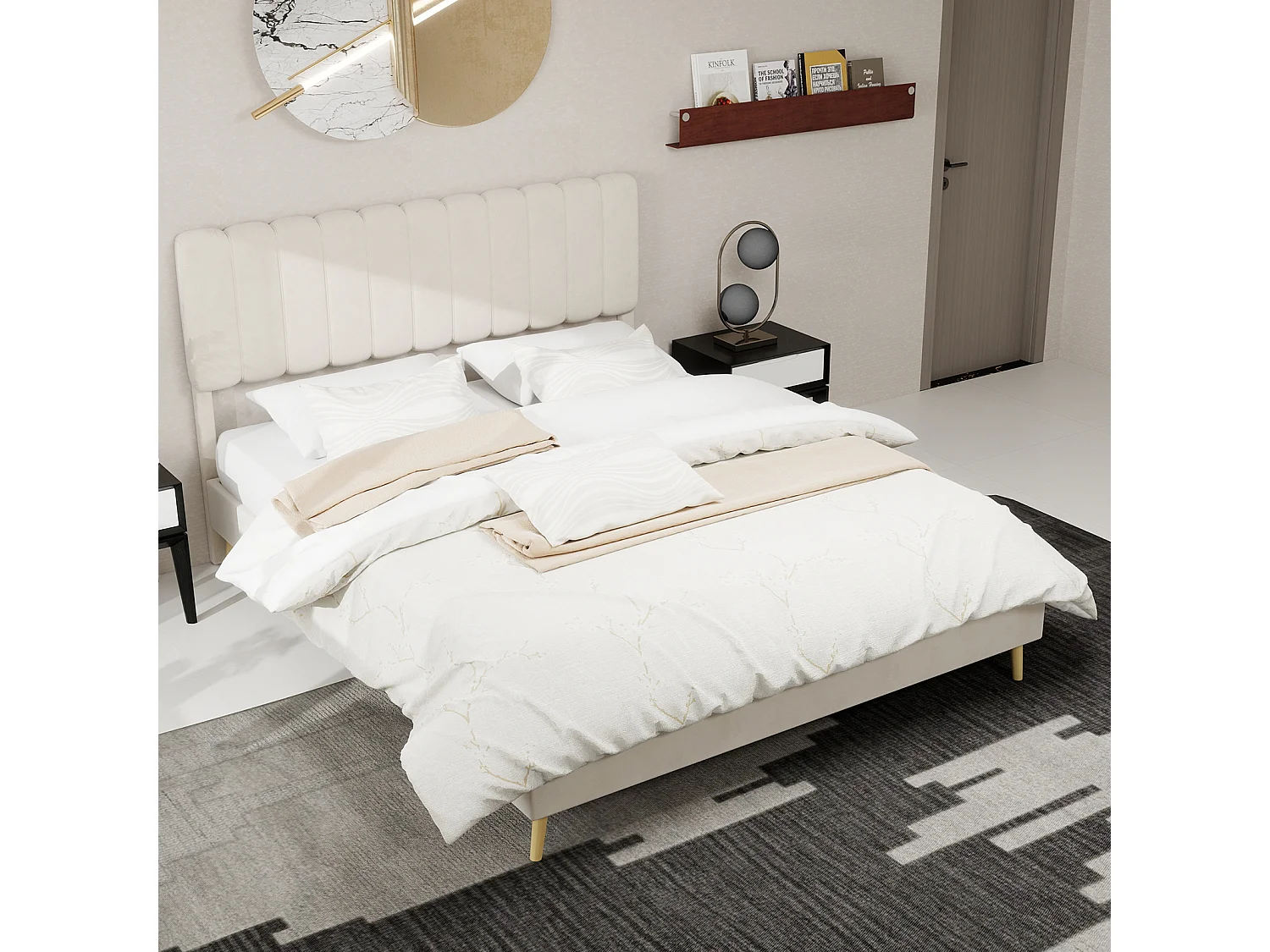 Lit rembourré 160x200cm avec tête de lit - Lit adulte en velours - Beige