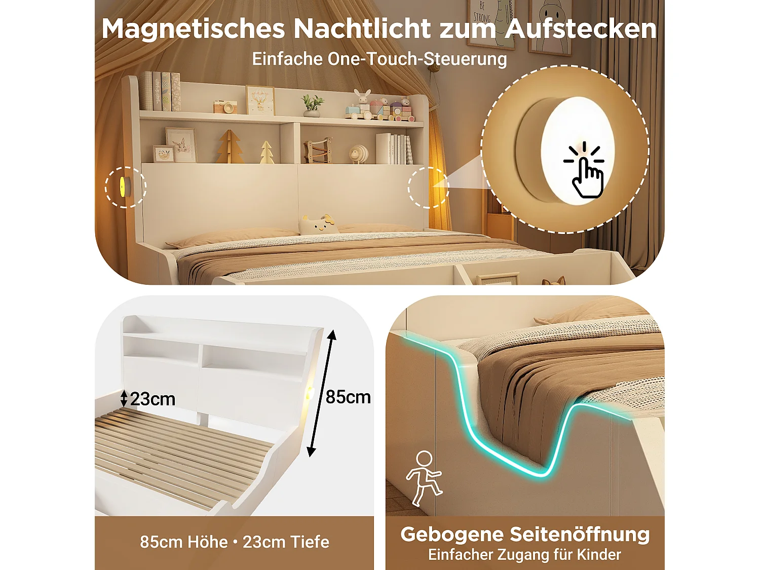 Lit enfant - 140 x 200 cm - avec tête de lit de rangement + étagère amovible + sommier à lattes - bois - blanc