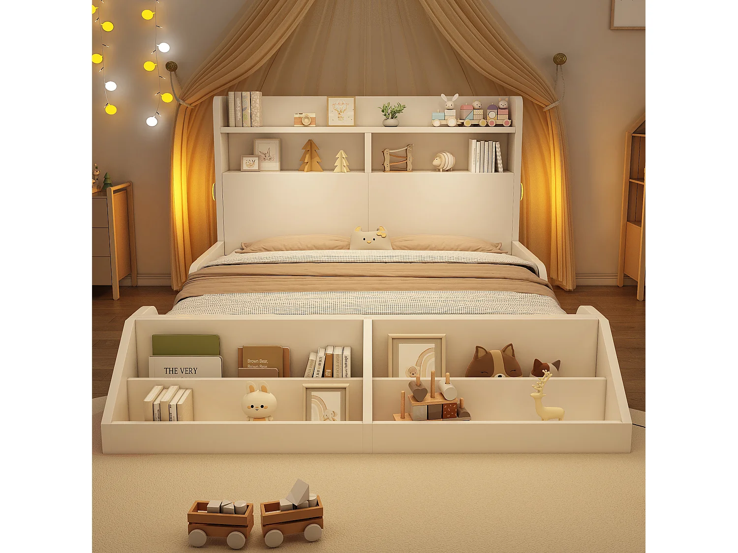 Lit enfant - 140 x 200 cm - avec tête de lit de rangement + étagère amovible + sommier à lattes - bois - blanc