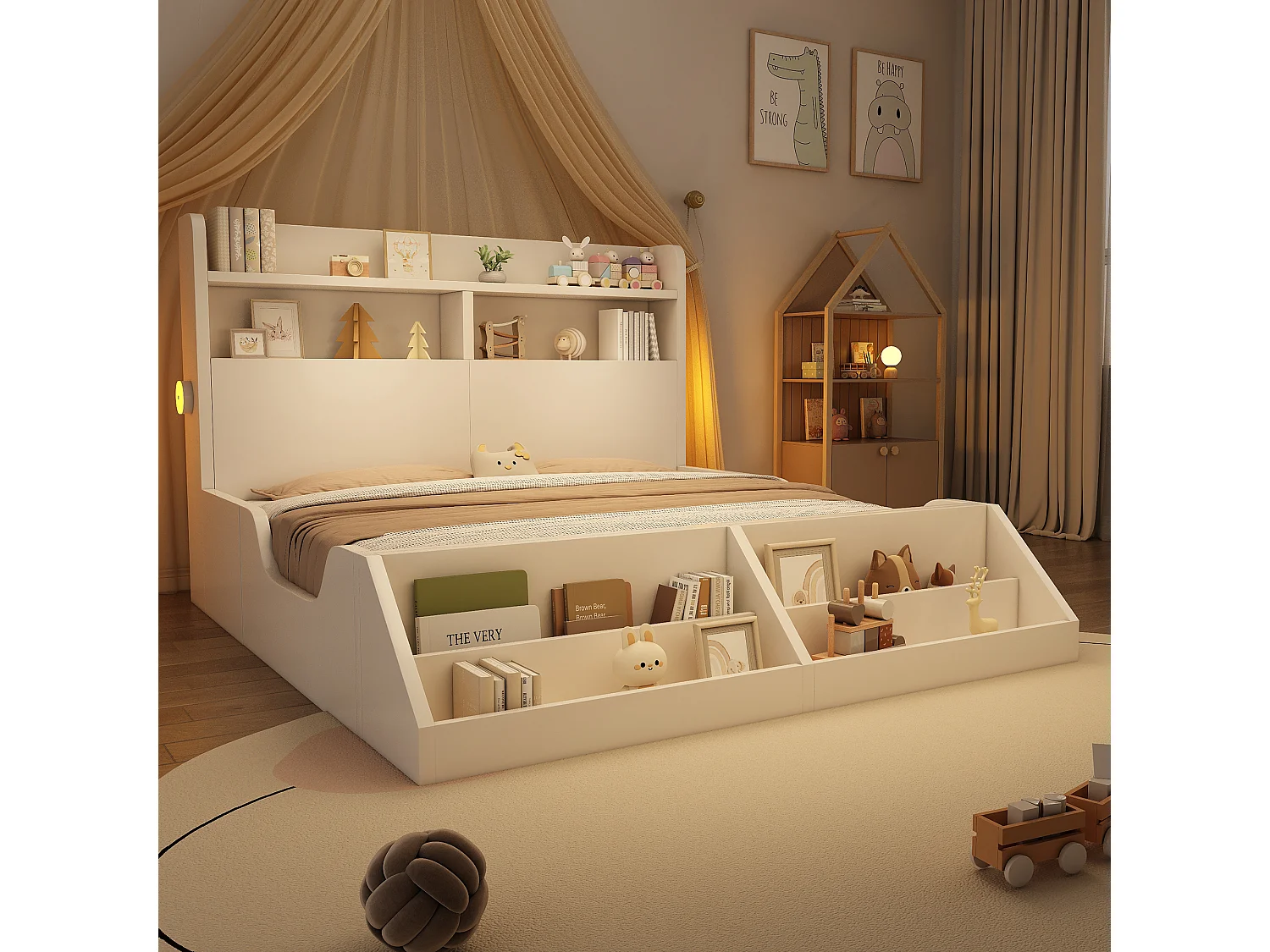 Lit enfant - 140 x 200 cm - avec tête de lit de rangement + étagère amovible + sommier à lattes - bois - blanc