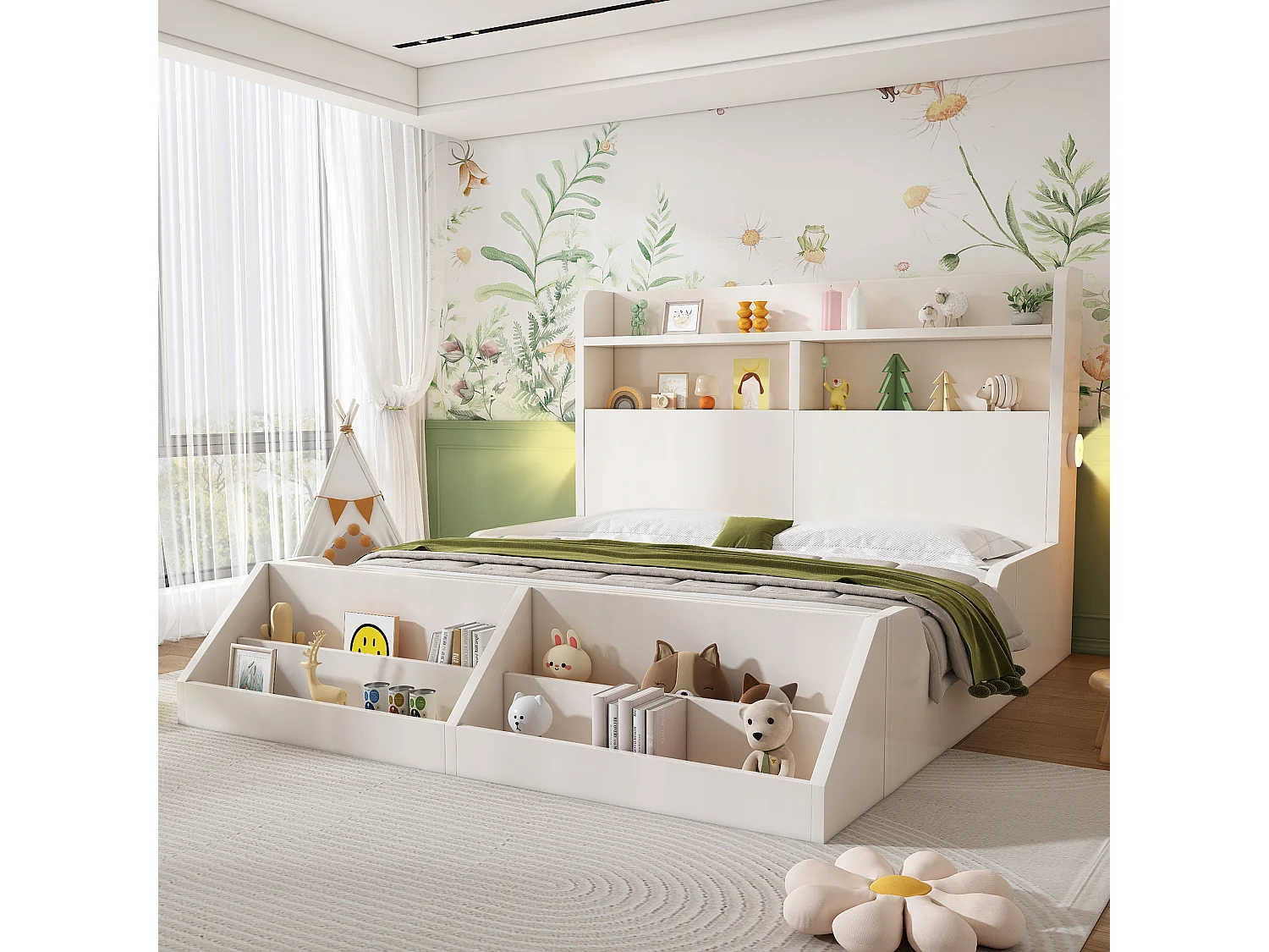 Lit enfant - 140 x 200 cm - avec tête de lit de rangement + étagère amovible + sommier à lattes - bois - blanc