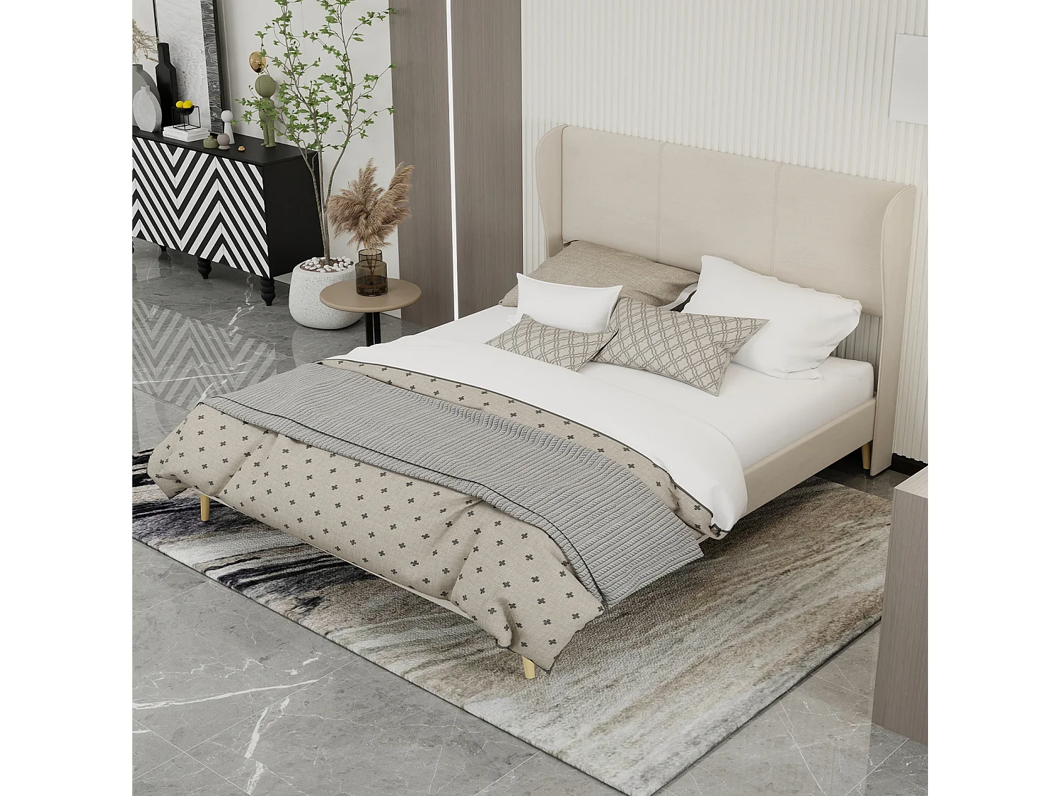 Volwassenenbed 160x200cm in beige fluweel - Gestoffeerd bed met hoofdbord, matras niet inbegrepen