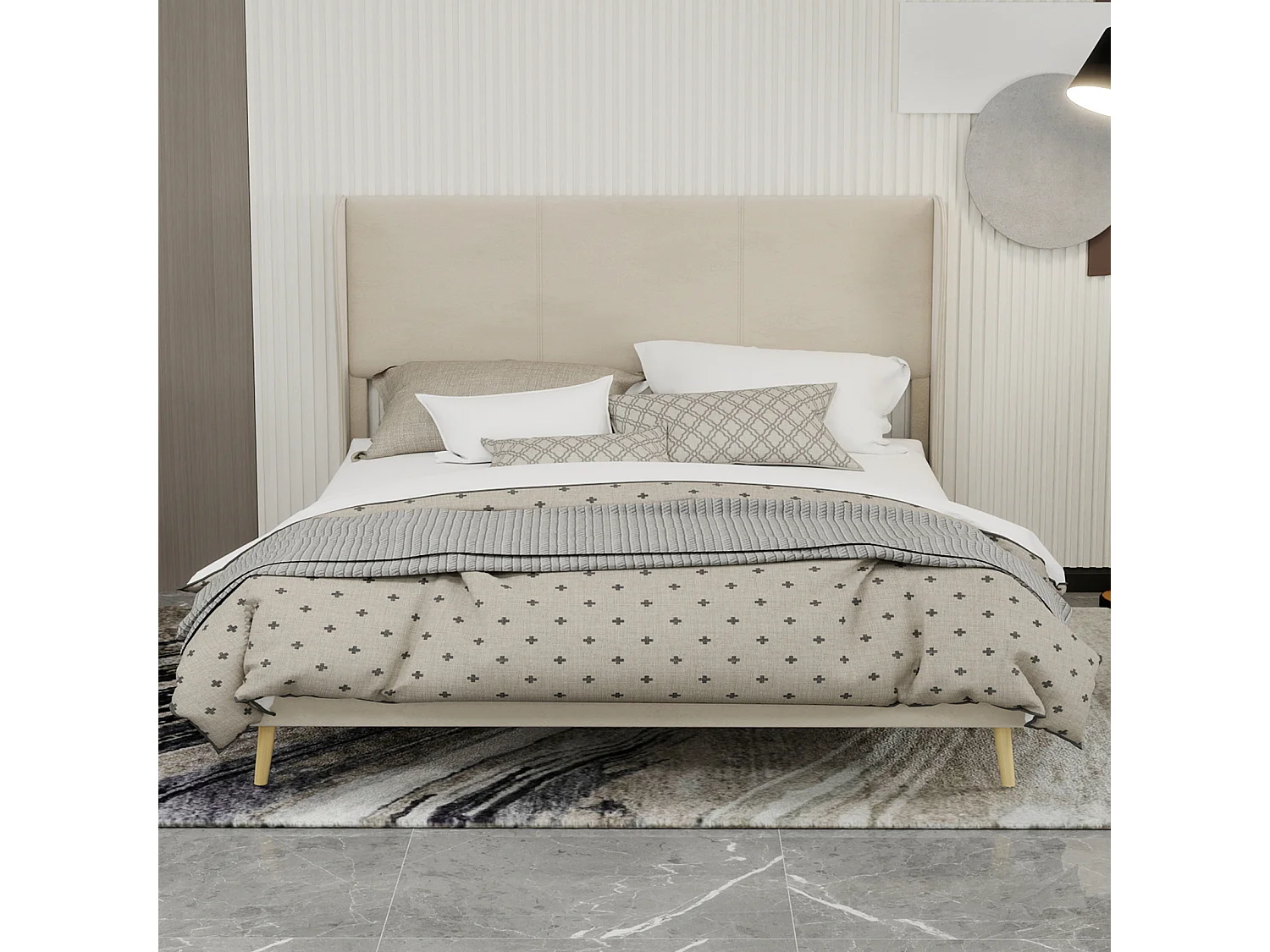 Volwassenenbed 160x200cm in beige fluweel - Gestoffeerd bed met hoofdbord, matras niet inbegrepen