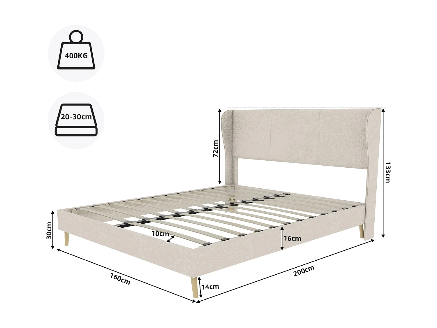 Volwassenenbed 160x200cm in beige fluweel - Gestoffeerd bed met hoofdbord, matras niet inbegrepen