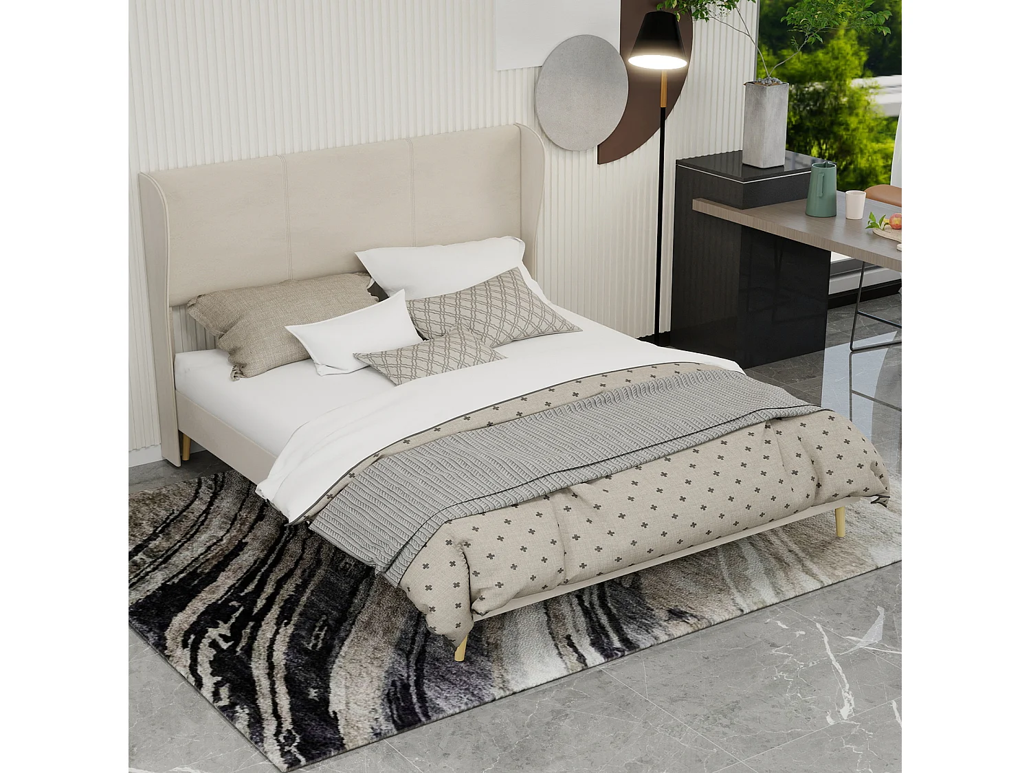 Volwassenenbed 160x200cm in beige fluweel - Gestoffeerd bed met hoofdbord, matras niet inbegrepen