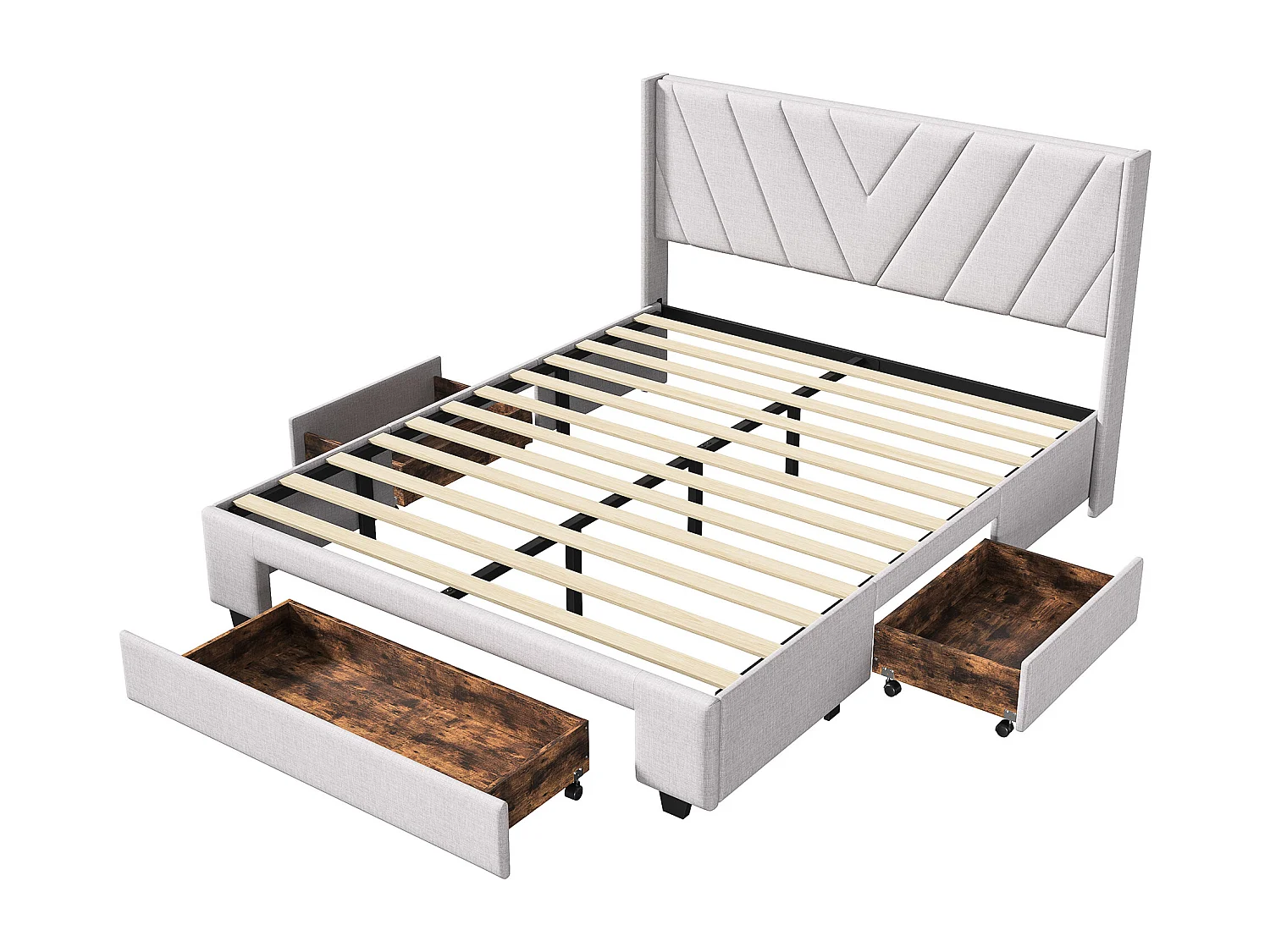 Cama doble 140×200 cm - con 3 cajones y somier - canapé - lino - beige