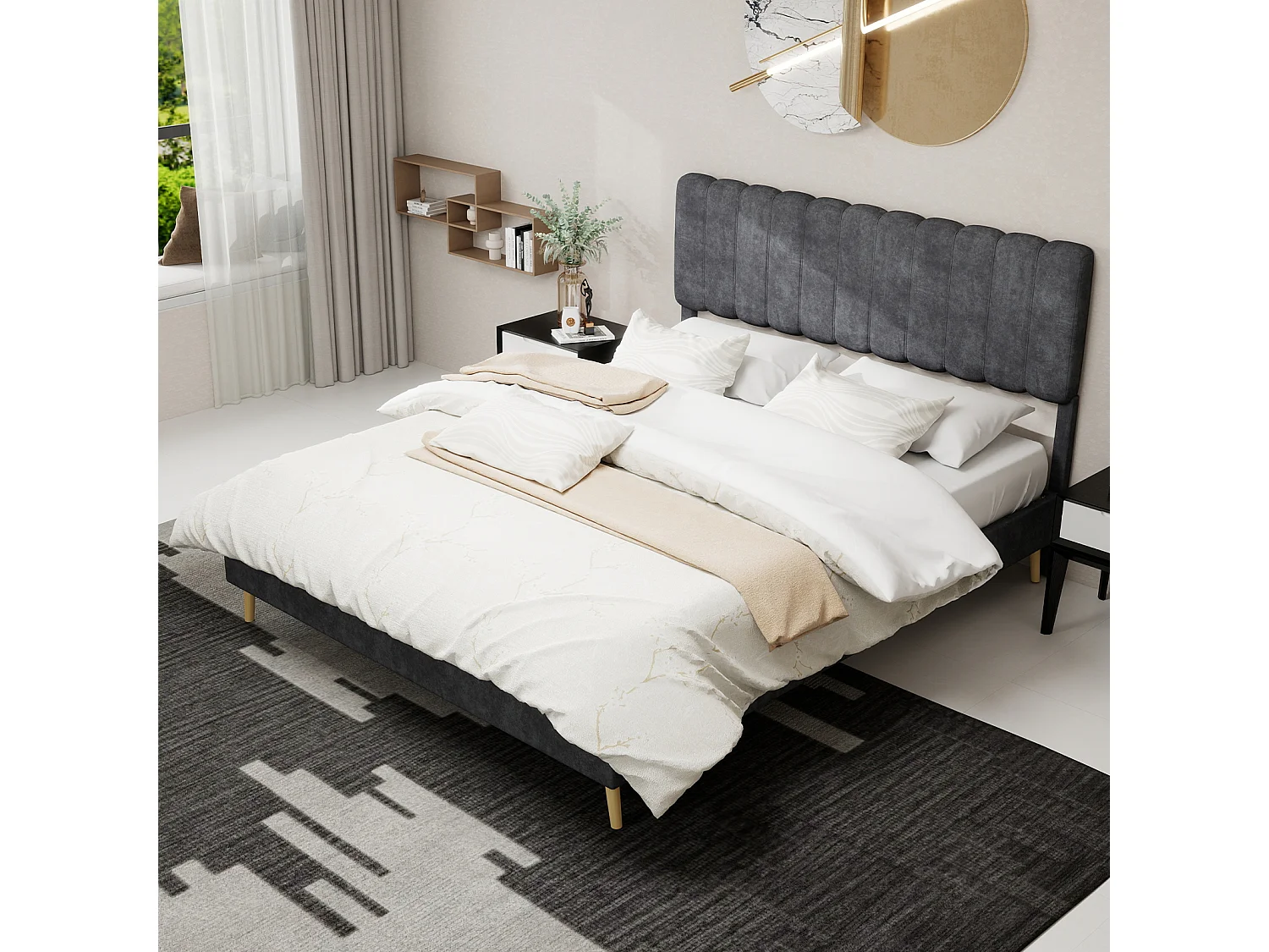 Lit rembourré 160x200cm avec tête de lit - Lit adulte en velours - Gris