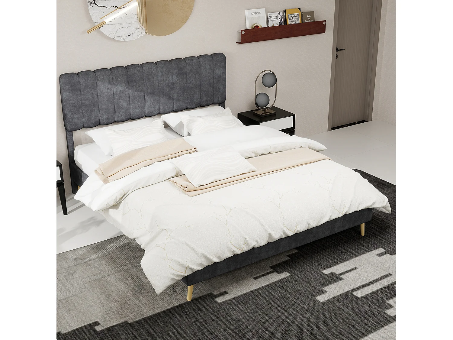 Lit rembourré 160x200cm avec tête de lit - Lit adulte en velours - Gris