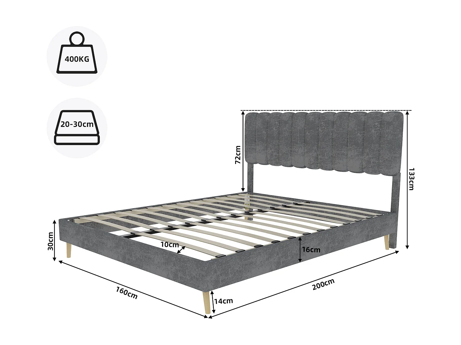 Lit rembourré 160x200cm avec tête de lit - Lit adulte en velours - Gris