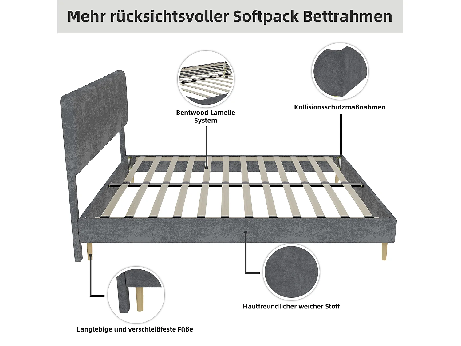 Lit rembourré 160x200cm avec tête de lit - Lit adulte en velours - Gris