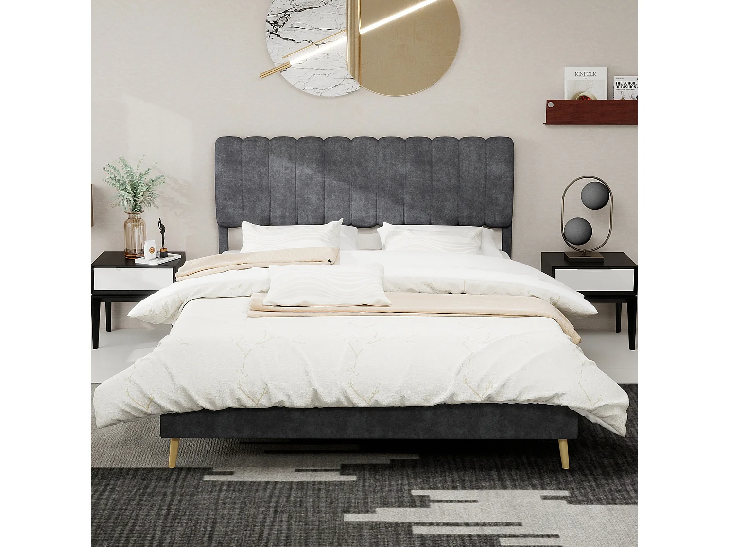 Lit rembourré 160x200cm avec tête de lit - Lit adulte en velours - Gris