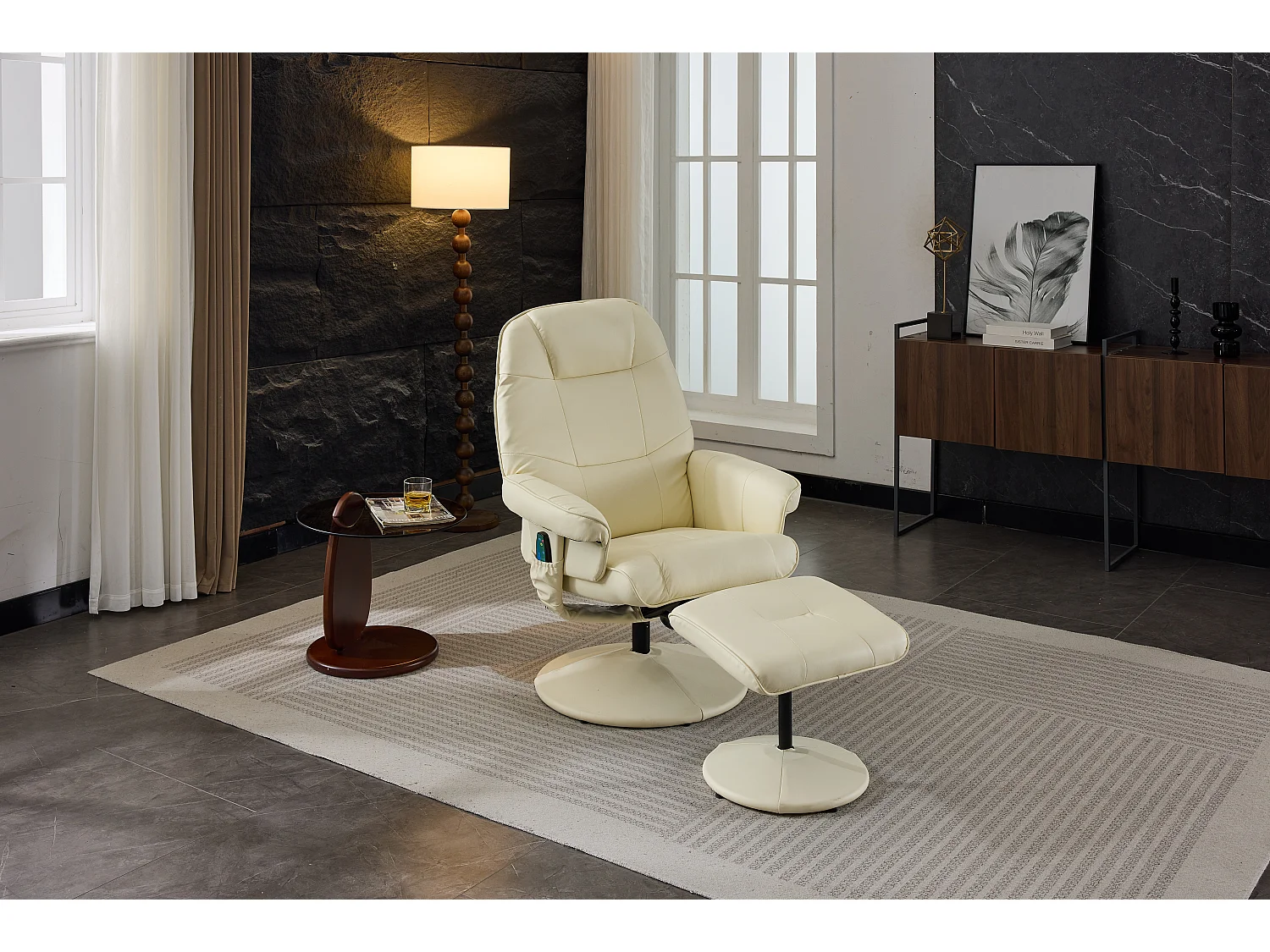 Poltrona giratória com massagem, aquecimento e apoio para os pés - Pele sintética PU - Bege