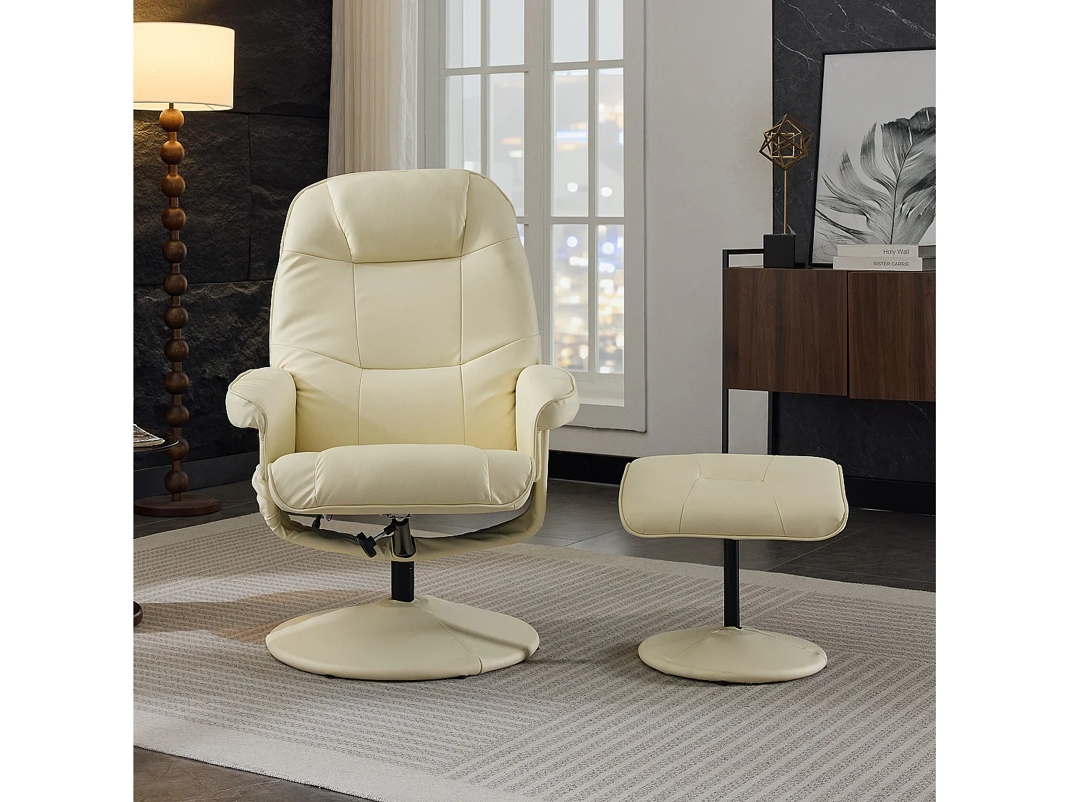 Poltrona giratória com massagem, aquecimento e apoio para os pés - Pele sintética PU - Bege