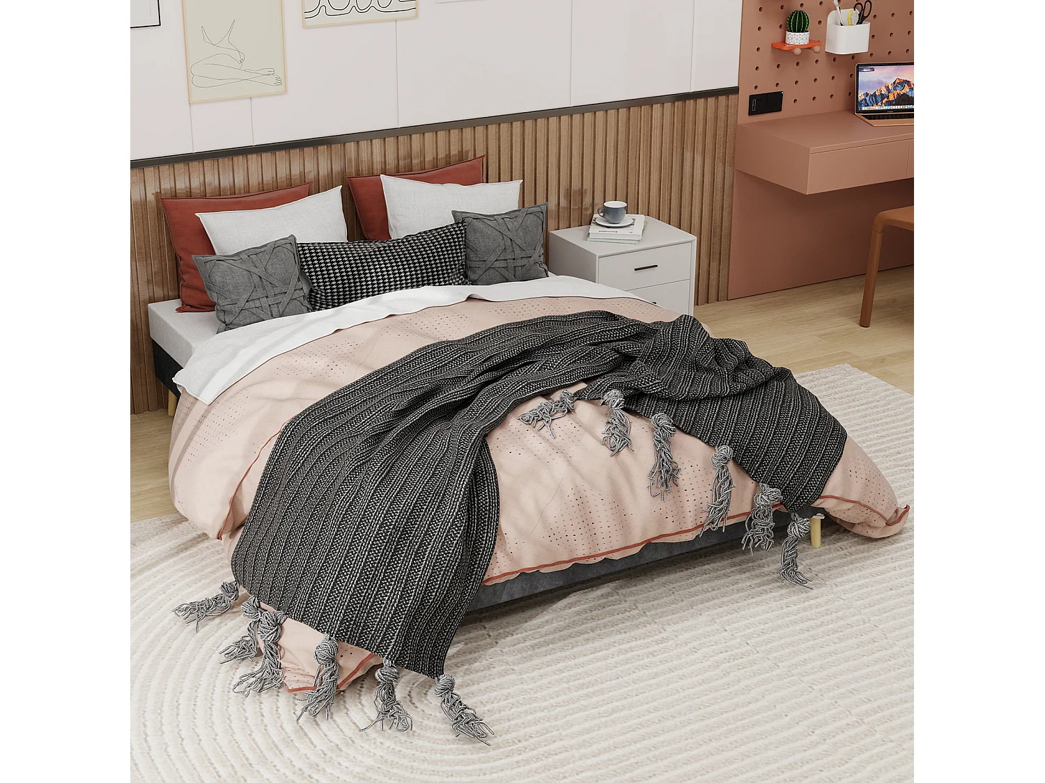 Lit adulte 160x200cm en velours - Sans tête de lit - Gris