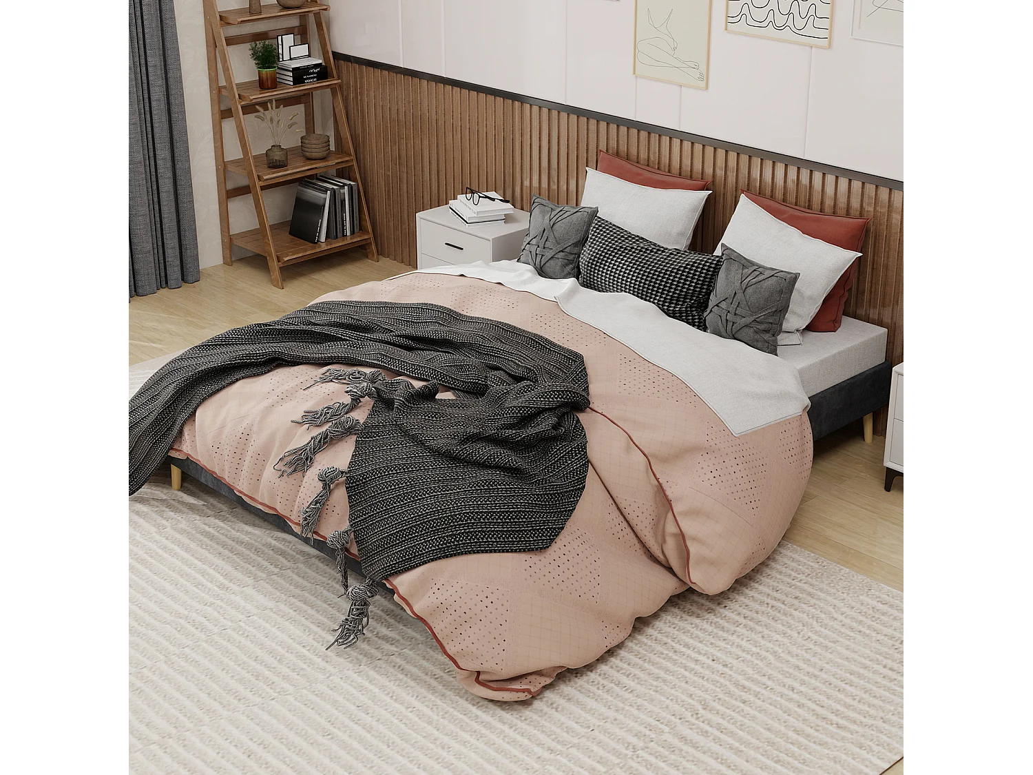 Lit adulte 160x200cm en velours - Sans tête de lit - Gris