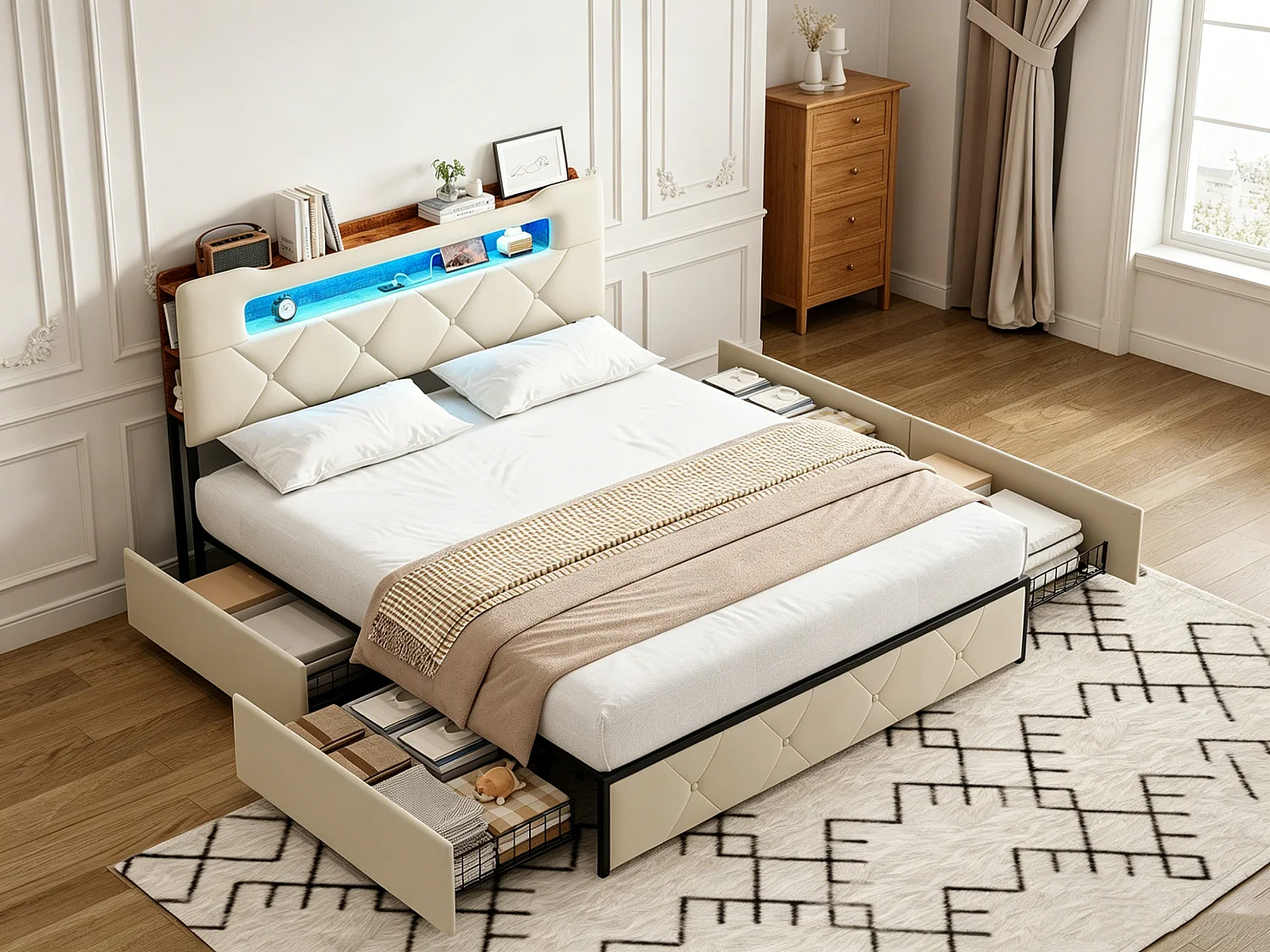 Lit double 140x200 cm - lit avec éclairage LED et port USB - lit coffre avec 4 tiroirs - velours - Beige