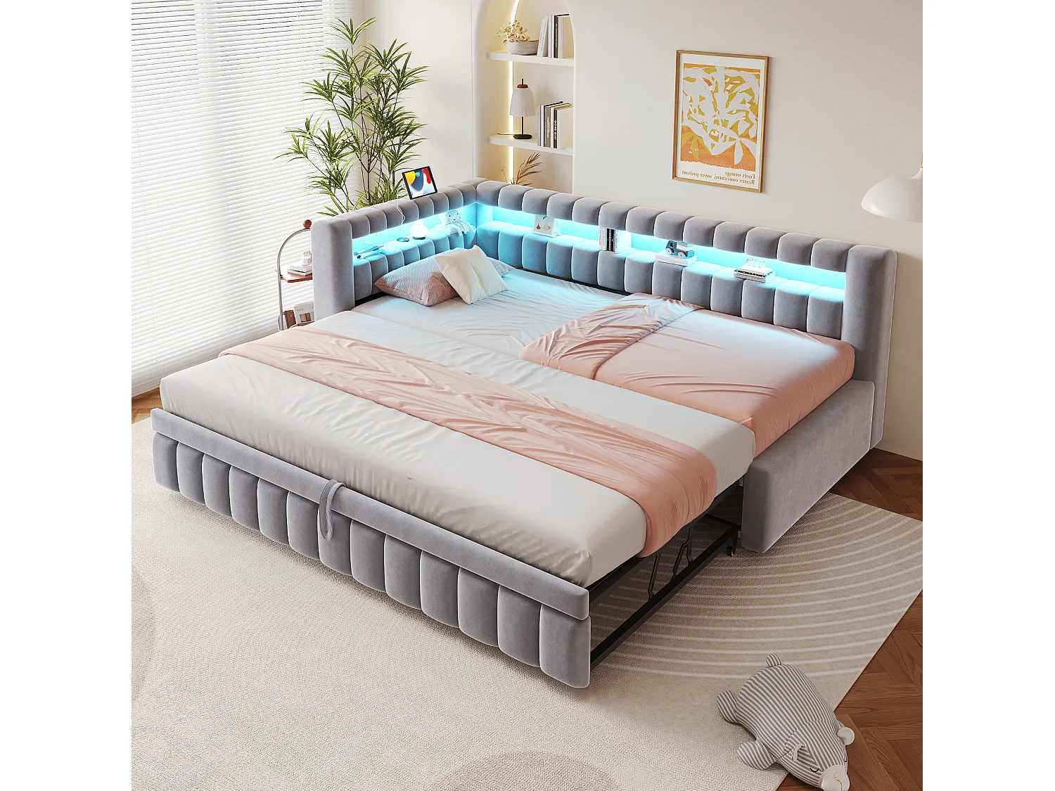 Lit capitonné enfant - 90 x 200 cm - avec lit gigogne 90 x 190 cm + Leds + tête de lit + dossier - velours - gris clair