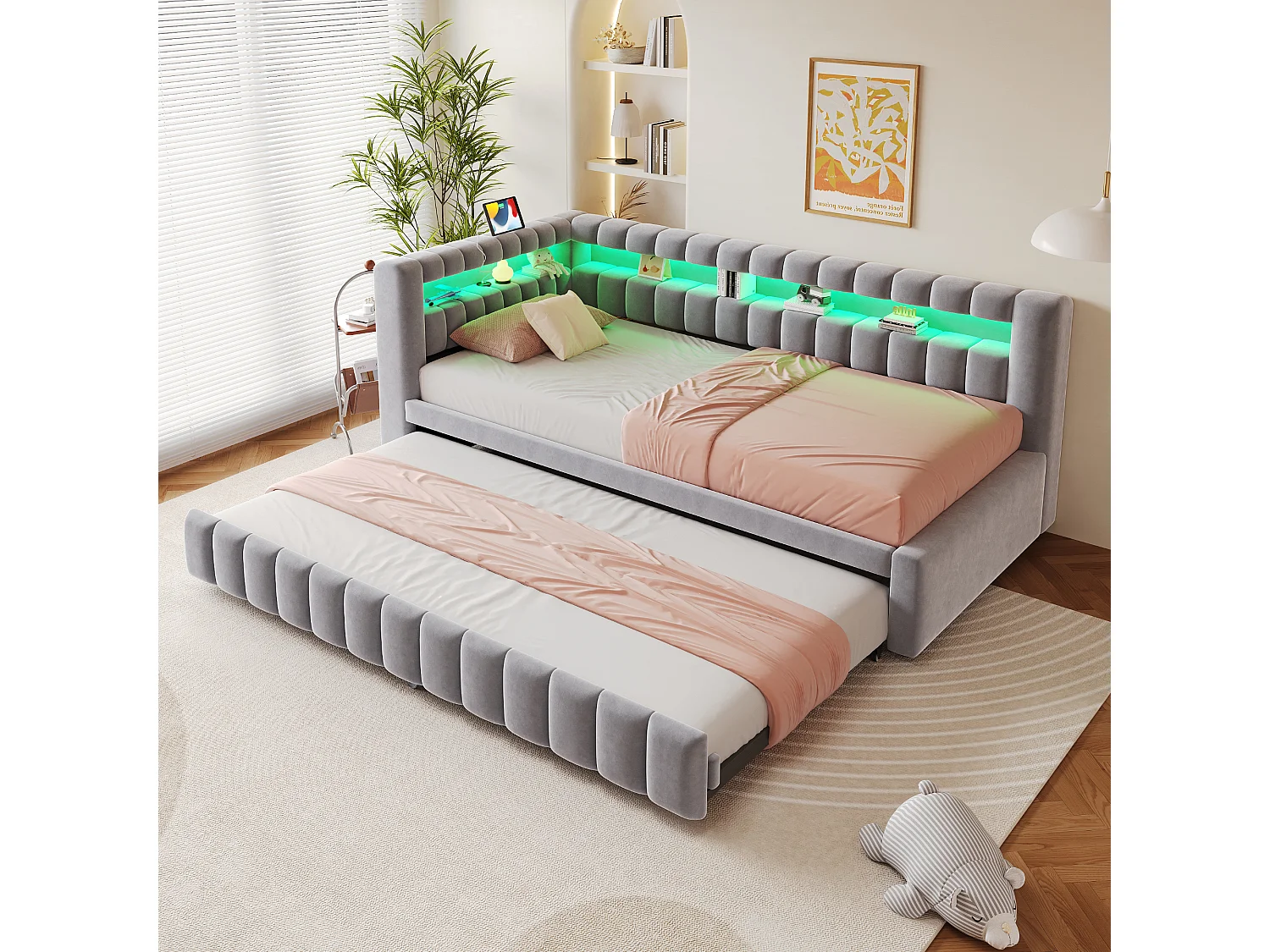 Lit capitonné enfant - 90 x 200 cm - avec lit gigogne 90 x 190 cm + Leds + tête de lit + dossier - velours - gris clair