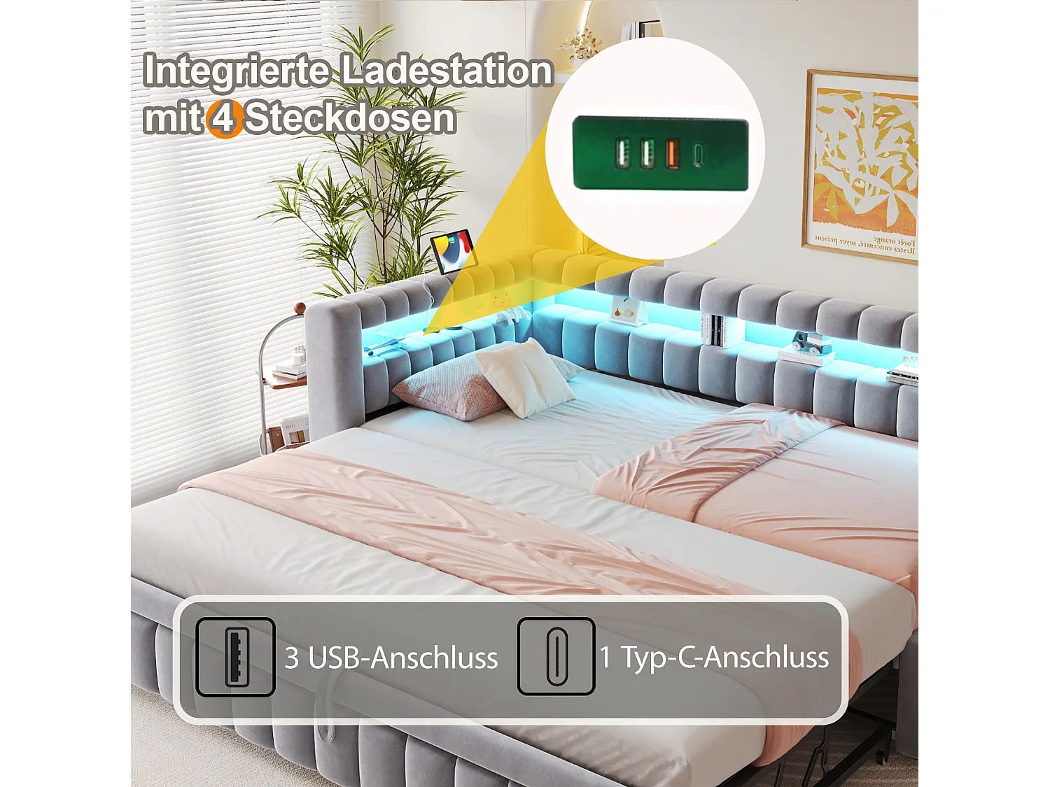 Lit capitonné enfant - 90 x 200 cm - avec lit gigogne 90 x 190 cm + Leds + tête de lit + dossier - velours - gris clair