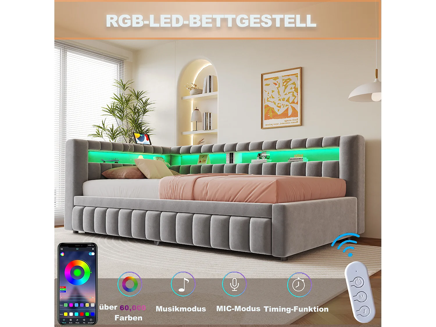 Lit capitonné enfant - 90 x 200 cm - avec lit gigogne 90 x 190 cm + Leds + tête de lit + dossier - velours - gris clair