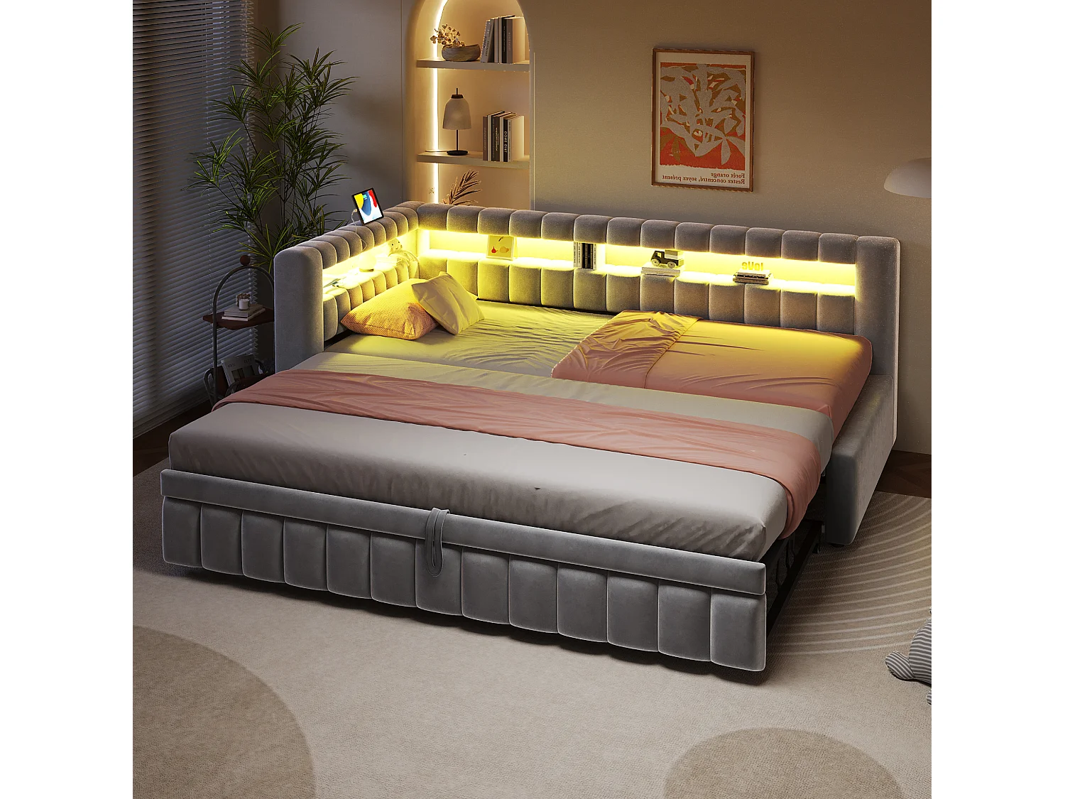 Lit capitonné enfant - 90 x 200 cm - avec lit gigogne 90 x 190 cm + Leds + tête de lit + dossier - velours - gris clair