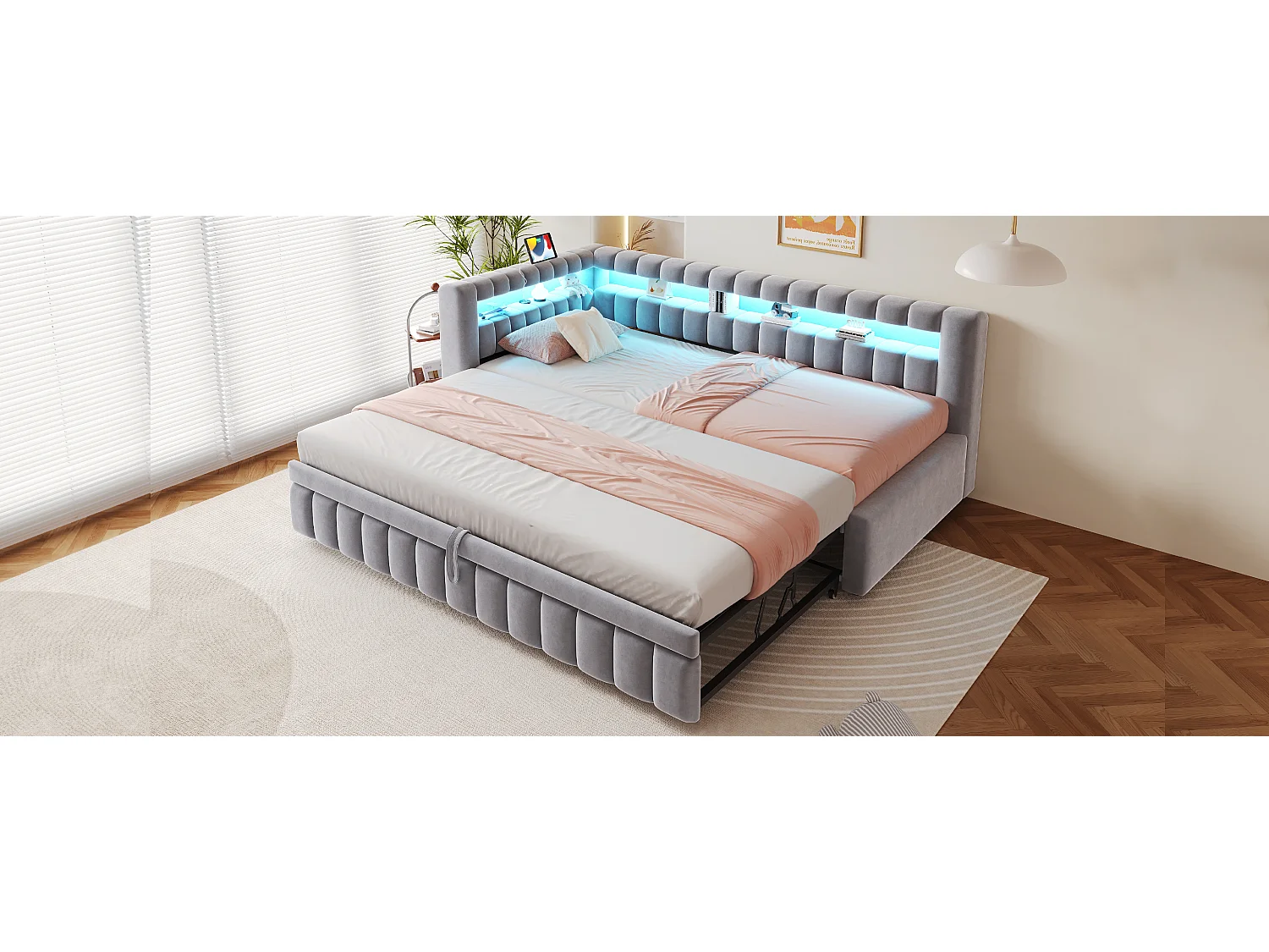 Lit capitonné enfant - 90 x 200 cm - avec lit gigogne 90 x 190 cm + Leds + tête de lit + dossier - velours - gris clair