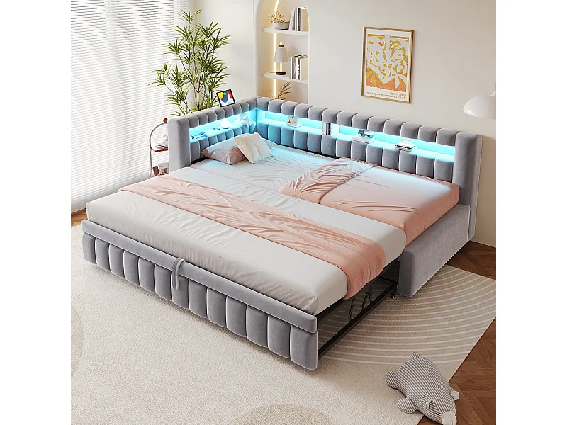 Lit capitonné enfant - 90 x 200 cm - avec lit gigogne 90 x 190 cm + Leds + tête de lit + dossier - velours - gris clair