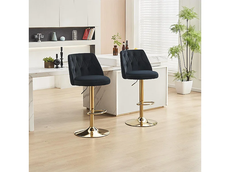 Lot de 2 tabourets de bar - avec dossier et repose-pieds - hauteur réglable - velours - noir