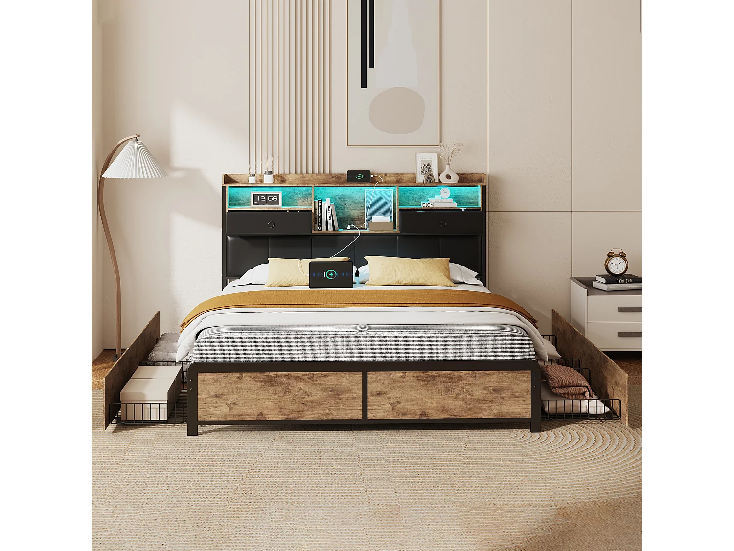 Cama doble 140x200cm con cabecero LED - puertos USB y cajones de almacenaje - 4 cajones - negro