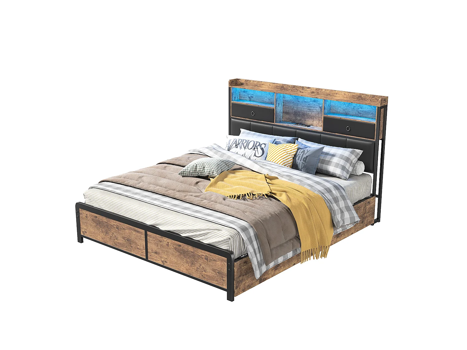 Lit double 140x200cm avec tête de lit LED - ports USB et tiroirs de rangement - 4 tiroirs - noir