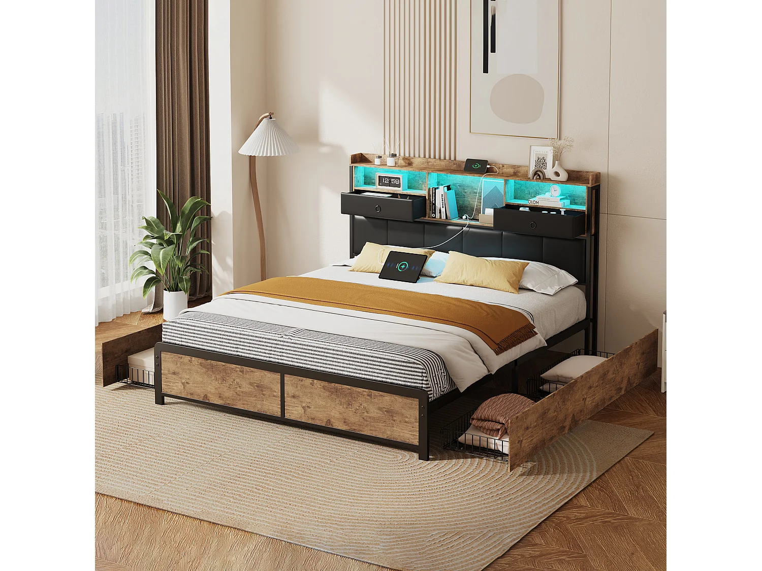 Lit double 140x200cm avec tête de lit LED - ports USB et tiroirs de rangement - 4 tiroirs - noir