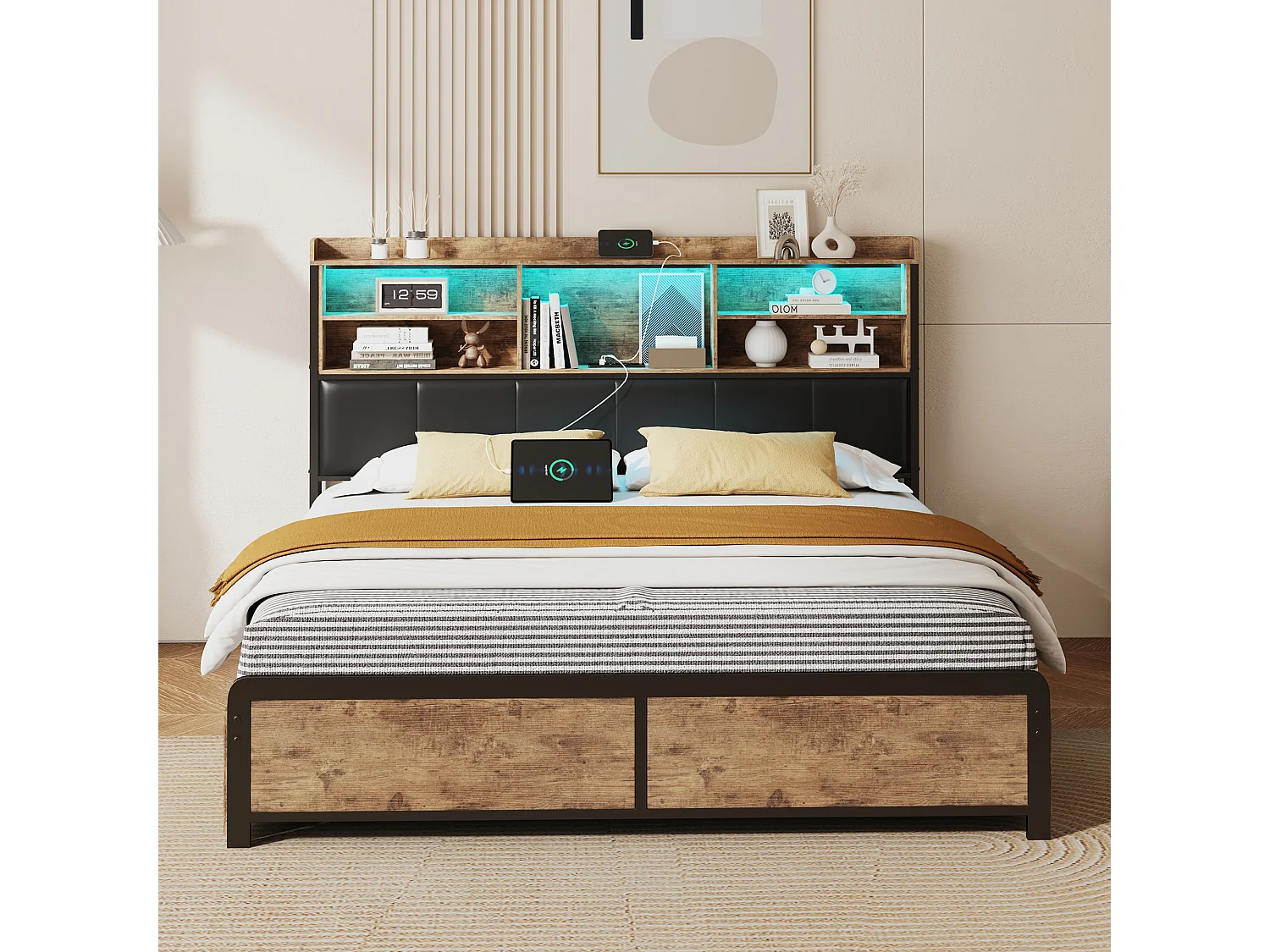 Lit double 140x200cm avec tête de lit LED - ports USB et tiroirs de rangement - 4 tiroirs - noir