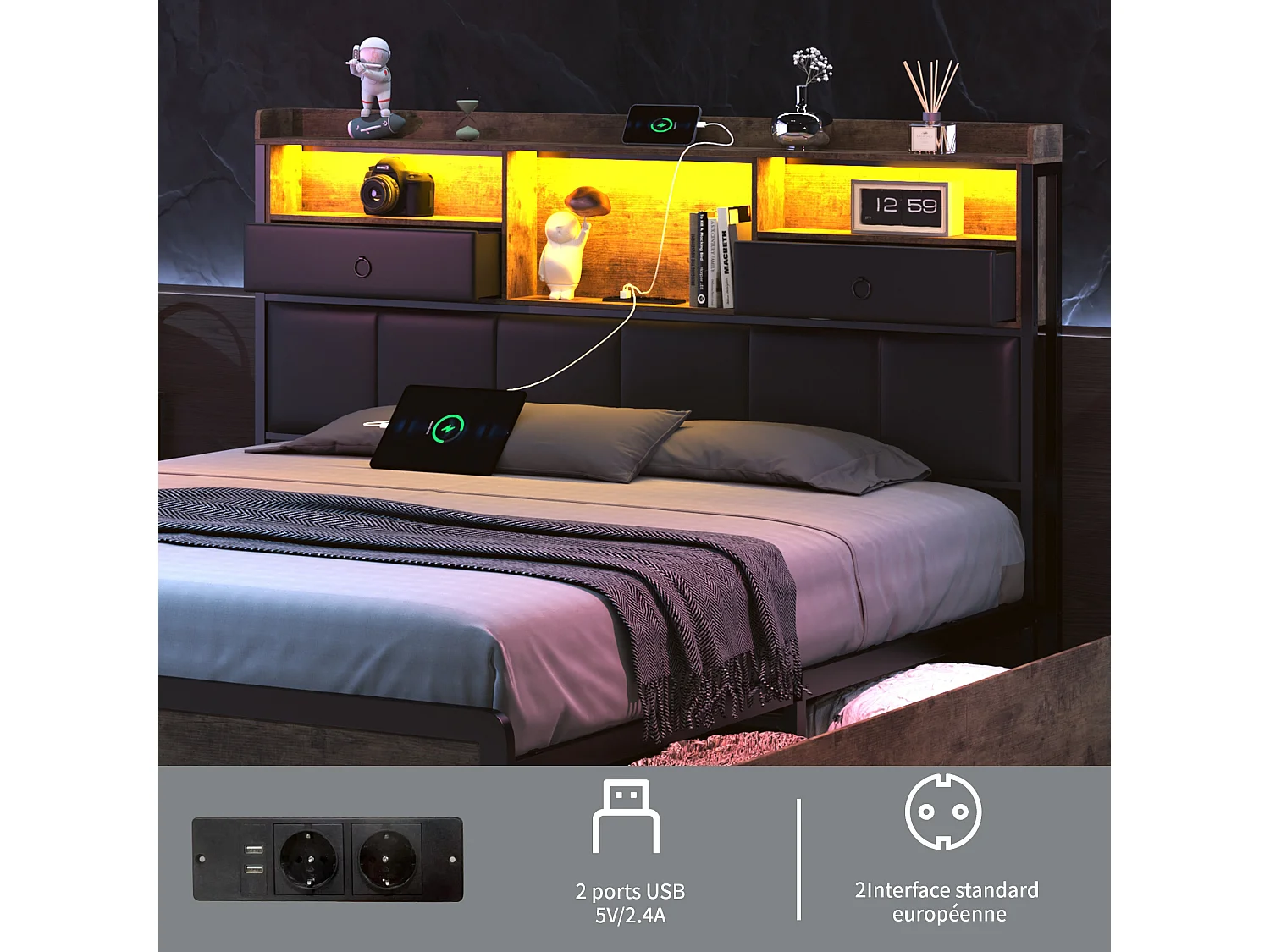 Lit double 140x200cm avec tête de lit LED - ports USB et tiroirs de rangement - 4 tiroirs - noir