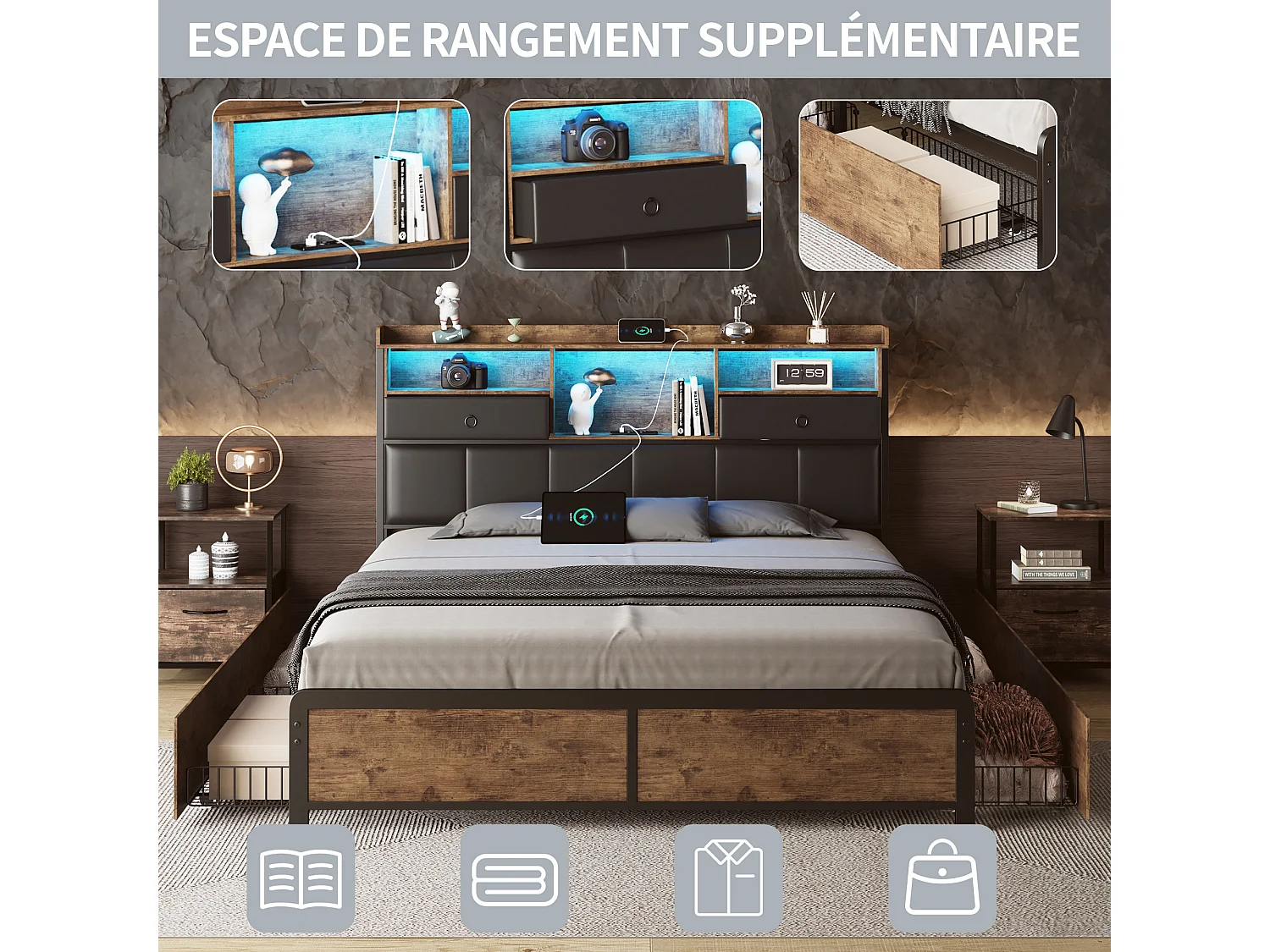 Lit double 140x200cm avec tête de lit LED - ports USB et tiroirs de rangement - 4 tiroirs - noir