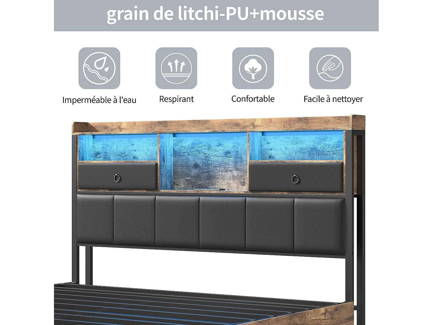 Lit double 140x200cm avec tête de lit LED - ports USB et tiroirs de rangement - 4 tiroirs - noir