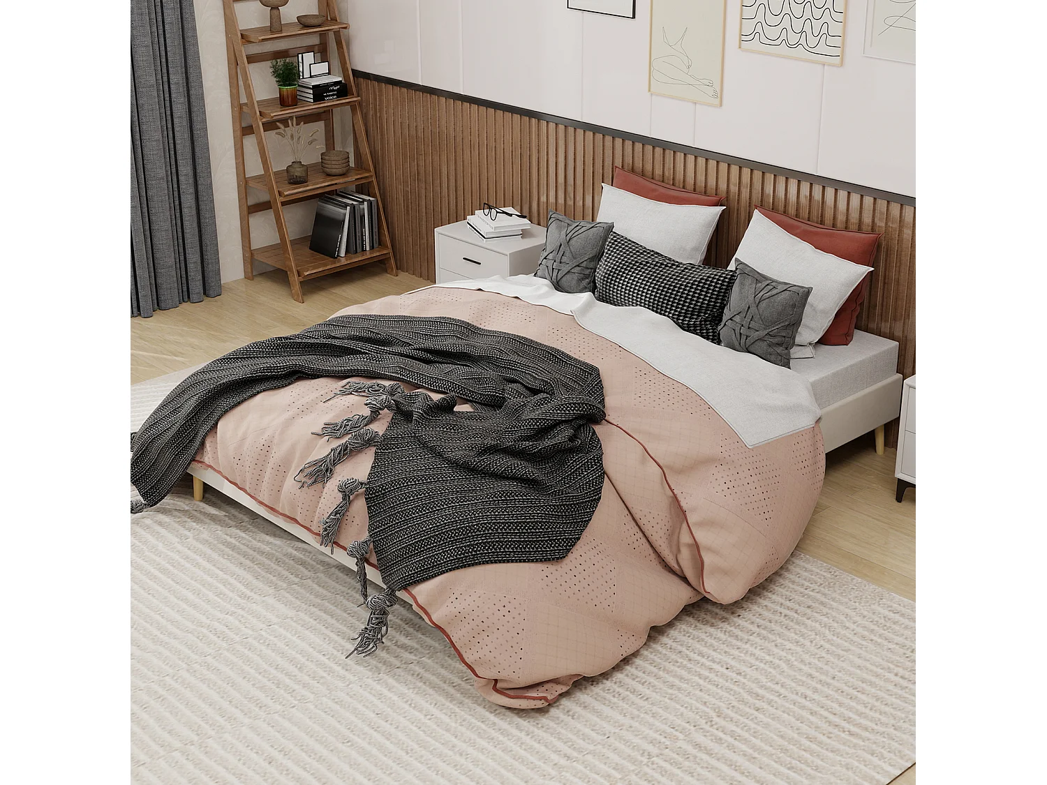 Lit adulte double 160x200cm en velours - Cadre de lit minimaliste - Beige
