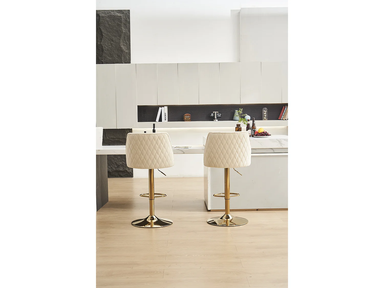 Lot de 2 tabourets de bar - avec dossier et repose-pieds - hauteur réglable - velours - beige