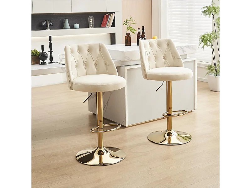 Lot de 2 tabourets de bar - avec dossier et repose-pieds - hauteur réglable - velours - beige