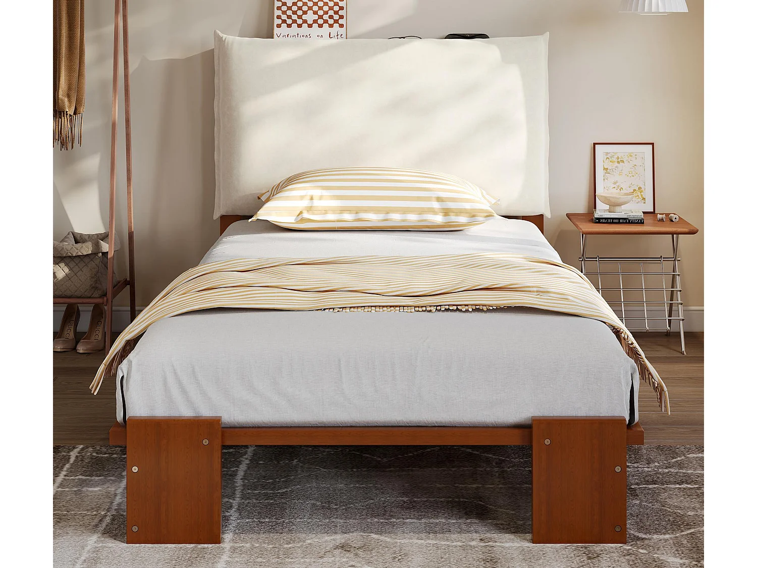 Lit simple 90x200cm - tête de lit rembourrée amovible - bois massif + éponge + contreplaqué - Brun (matelas non inclus)