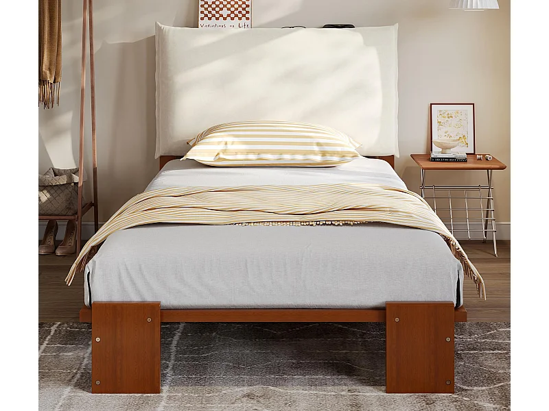 Lit simple 90x200cm - tête de lit rembourrée amovible - bois massif + éponge + contreplaqué - Brun (matelas non inclus)