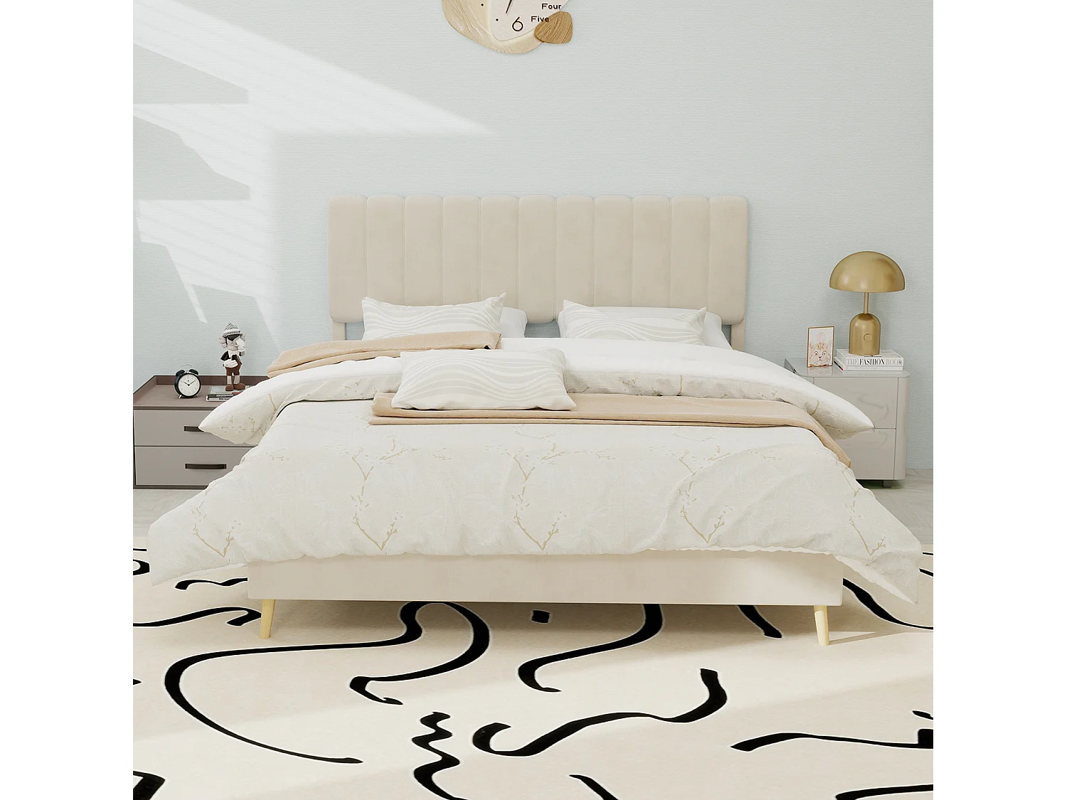 Lit rembourré 140x200cm avec tête de lit - Lit adulte en velours - Beige