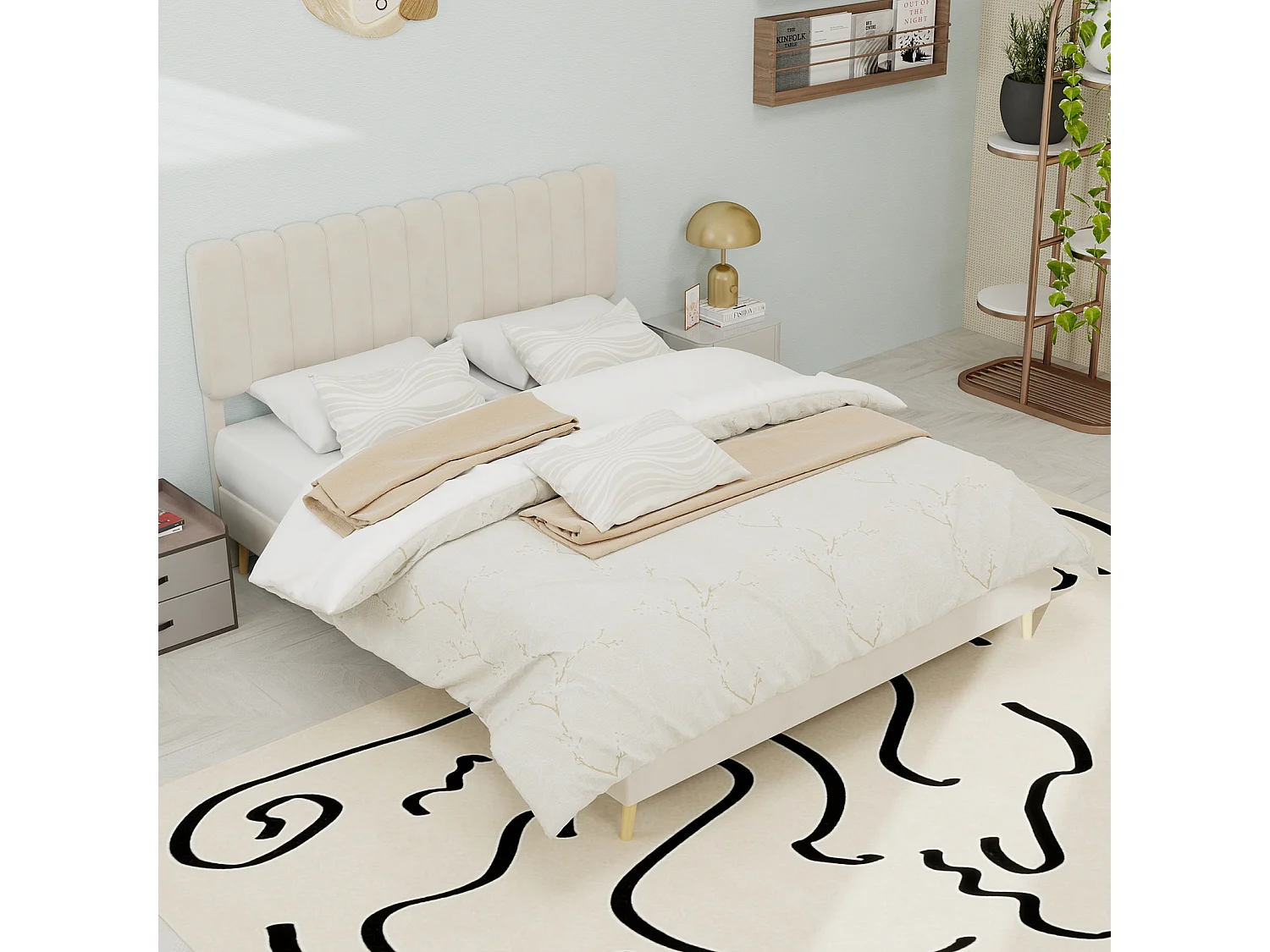 Lit rembourré 140x200cm avec tête de lit - Lit adulte en velours - Beige