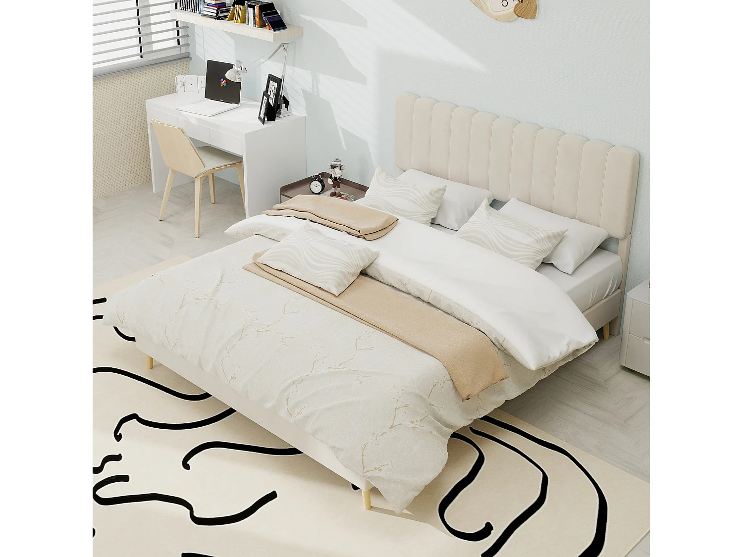 Lit rembourré 140x200cm avec tête de lit - Lit adulte en velours - Beige