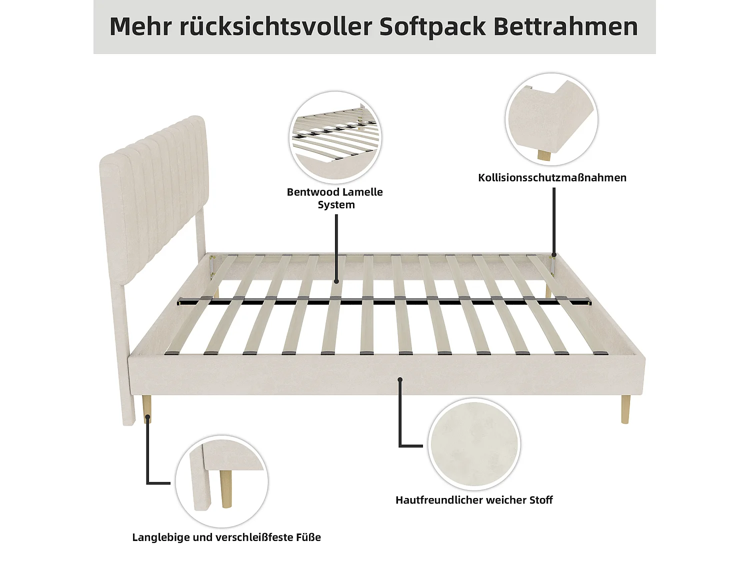 Lit rembourré 140x200cm avec tête de lit - Lit adulte en velours - Beige