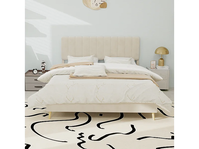 Lit rembourré 140x200cm avec tête de lit - Lit adulte en velours - Beige