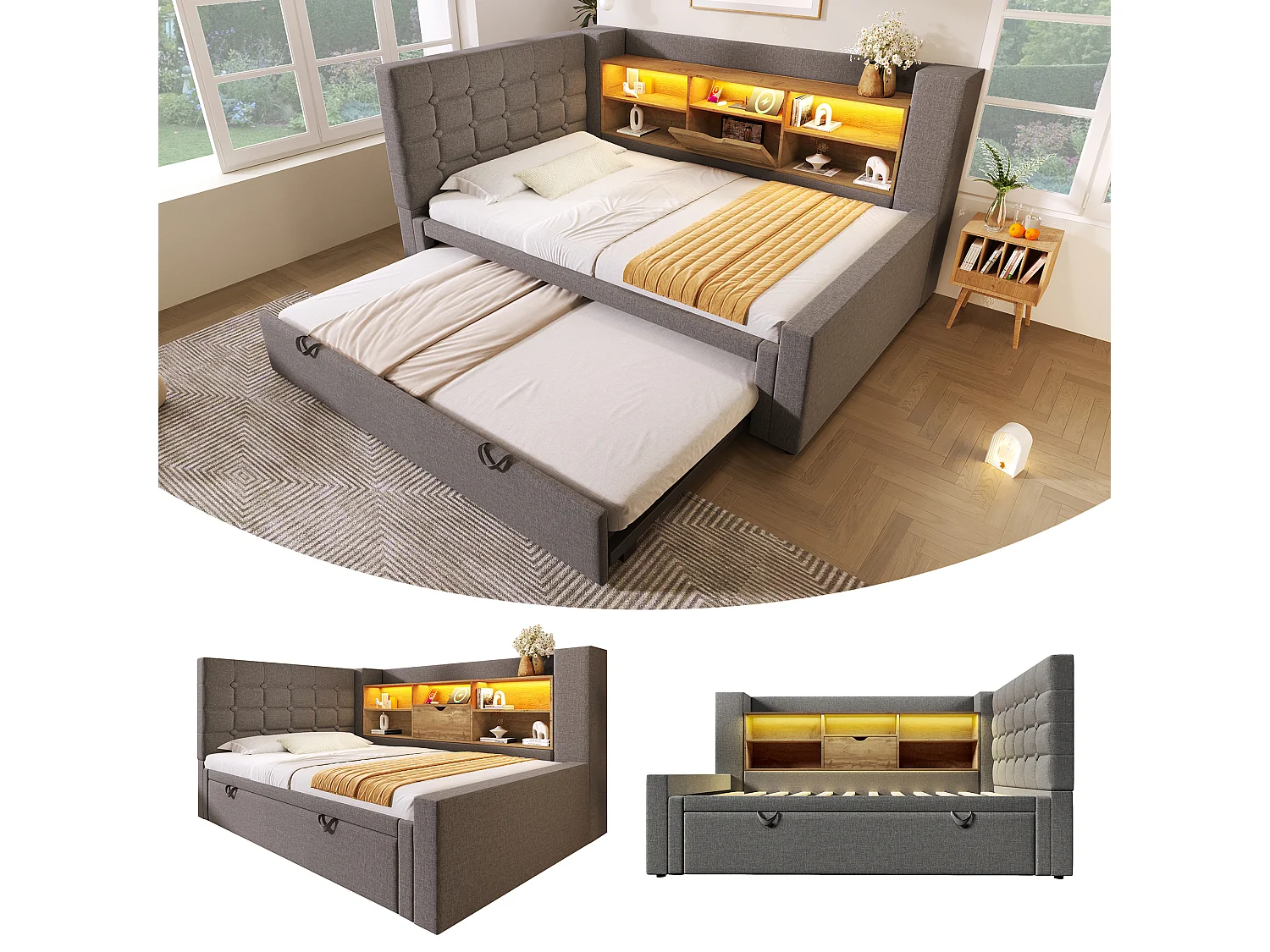 Lit rembourré 90 x 200 cm avec lit gigogne 90 x 190 cm - avec Leds + tête de lit de rangement - lin - gris